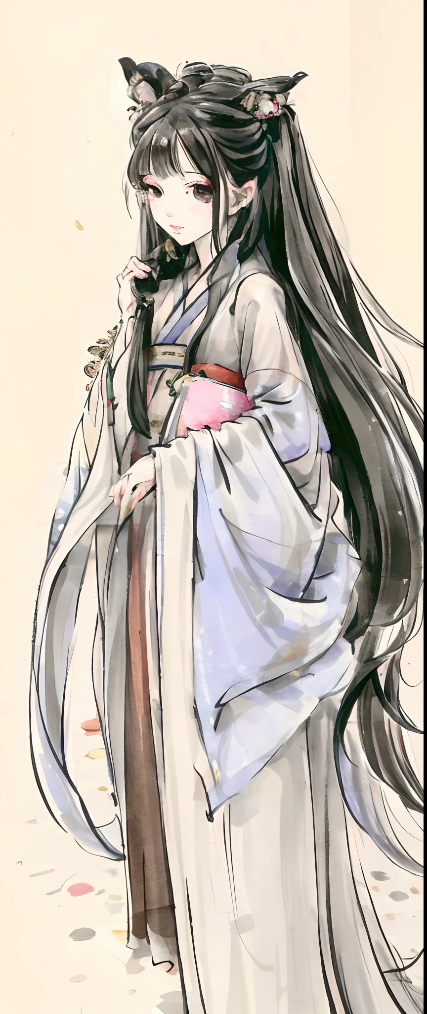 ((4k,masterpiece,best quality)), shuimobysim, Traditional chinese painting, lotuses, Hanfu, maxiskit, 1 rapariga, 独奏, whaite hair, long whitr hair, fox ear, white colors, The fish, Many fish are close to the girl