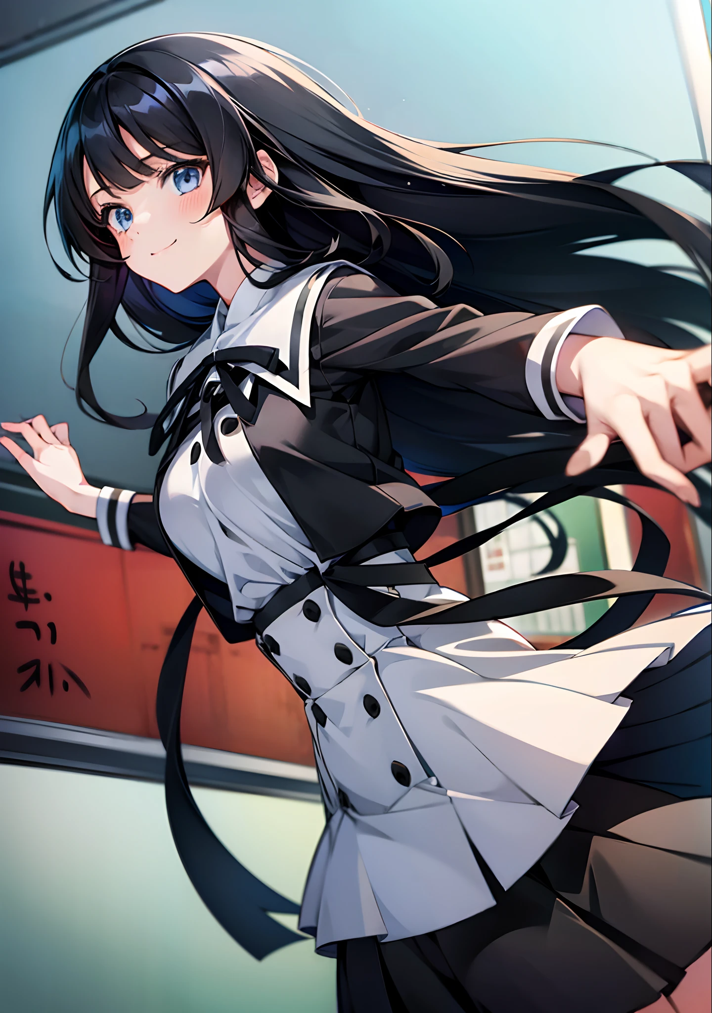 solo, (((anime girl with long black hair))), (light blue eyes), slight smile, school uniform, skirt, ((classroom in background)), ((high quality)), (extremely detailed)