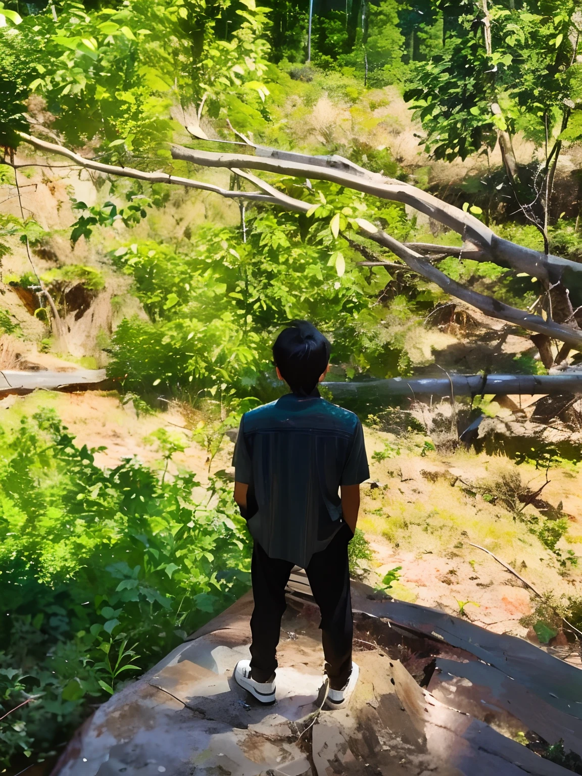 there is a man standing on a rock in the woods, standing on a forest, standing in a forest, amidst nature, standing in the forest, standing in the forrest, standing in a burnt forest, distant full body shot, stood in a forest, standing on a hill, cinematic still, standing in an apple orchard, in a jungle, in the middle of a forest
