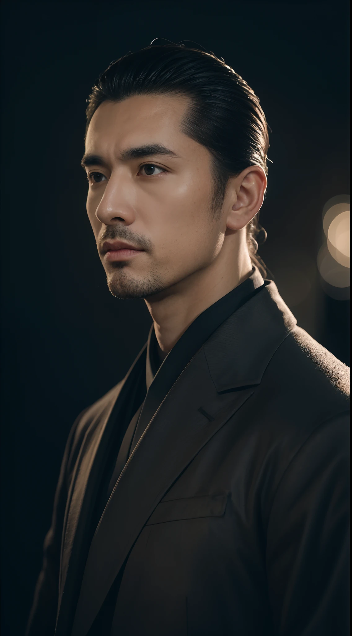 (8K, RAW photo, Highest quality),Realistic,1 man,frontage，Intricate details,Closed mouth,Muscular male,Manly,looks away,Male focus,Solo,Transparent coat，Chinese Tang Dynasty,Night sky,Soft lighting,Cinematic lighting,Portrait,Close-up,Lovingly