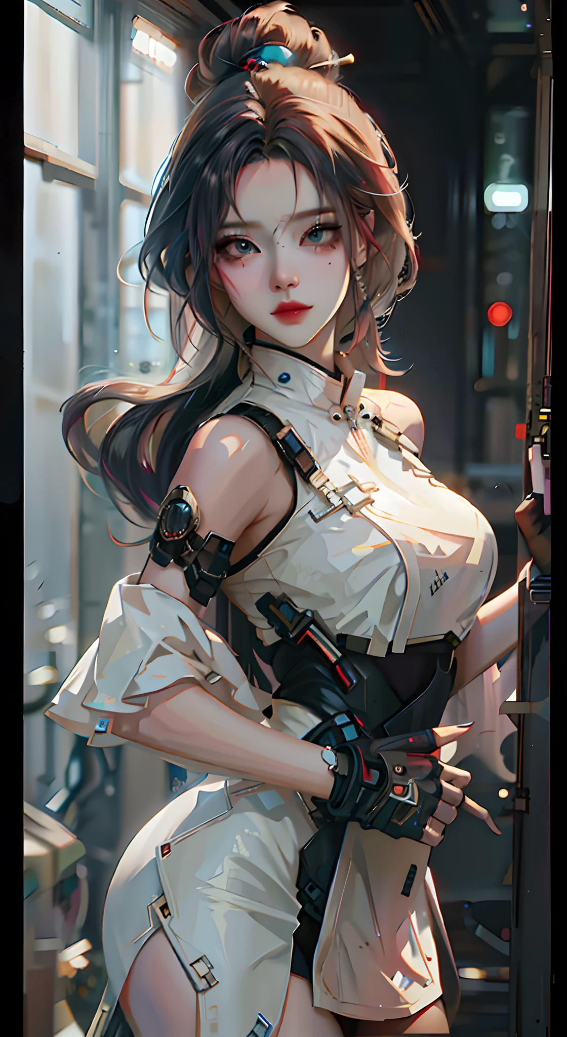 there is a woman in a costume posing for a picture, artwork in the style of guweiz, cyberpunk anime girl, guweiz, ross tran 8 k, female cyberpunk anime girl, guweiz on artstation pixiv, dreamy cyberpunk girl, digital cyberpunk anime art, the style of wlop, guweiz on pixiv artstation, cyberpunk beautiful girl
