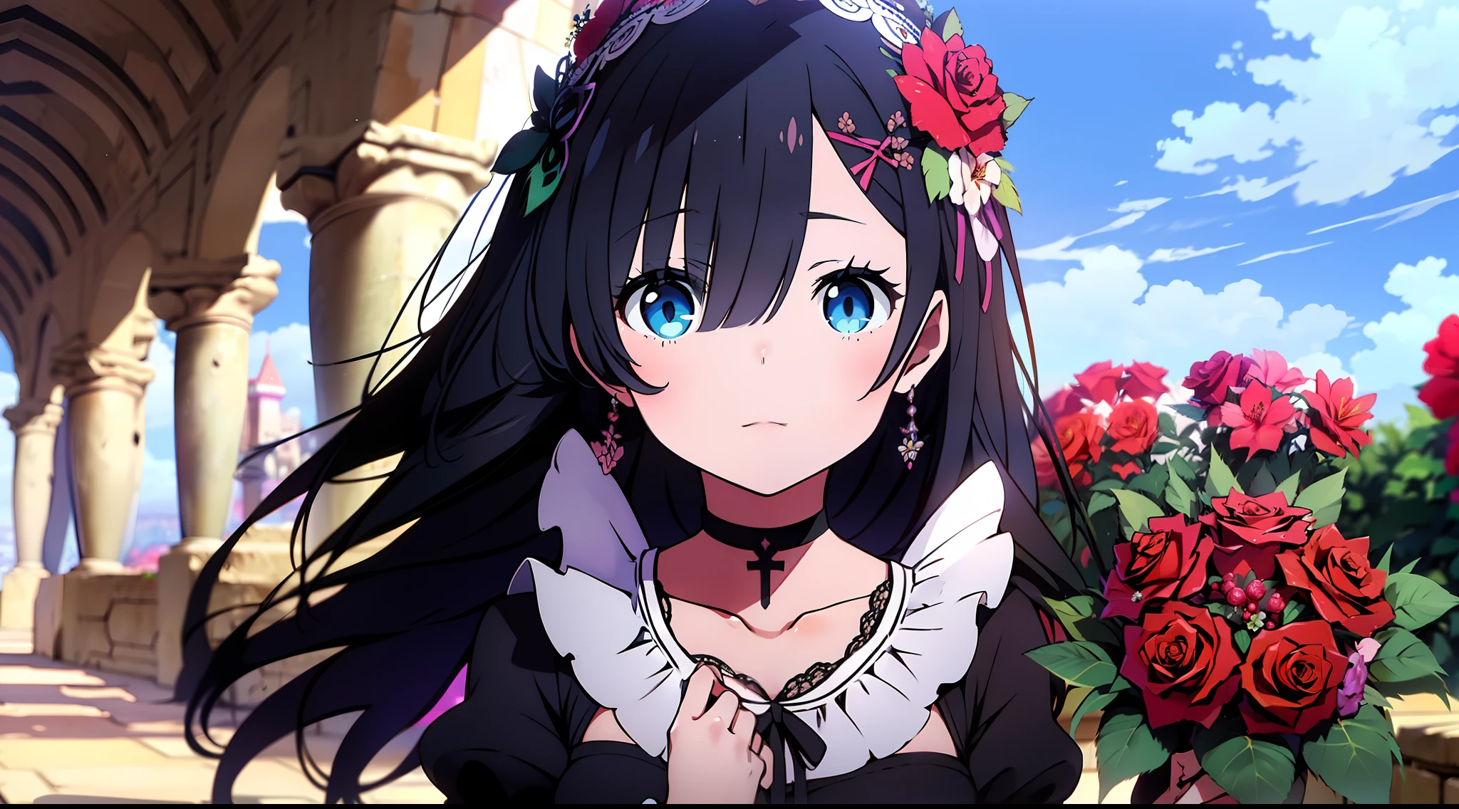 1girl, bangs, black_choker, black_dress, black_flower, black_hair, black_rose, blue_rose, blue_sky, bouquet, building, camellia, castle, closed_mouth, cloud, cloudy_sky, collarbone, confession, cross, day, dress, dress_flower, eyebrows_visible_through_hair, flower, flower_ornament, garden, gothic_lolita, graduation, green_flower, hair_flower, hair_ornament, hat_flower, hibiscus, holding, holding_bouquet, holding_flower, ib_(ib), juliet_sleeves, lolita_fashion, long_hair, long_sleeves, looking_at_viewer, orange_flower, outdoors, petals, pink_flower, pink_rose, pubic_tattoo, puffy_sleeves, purple_flower, purple_rose, red_eyes, red_flower, red_nails, red_rose, rose, rose_petals, rose_print, shrug_(clothing), sidelocks, sky, solo, spider_lily