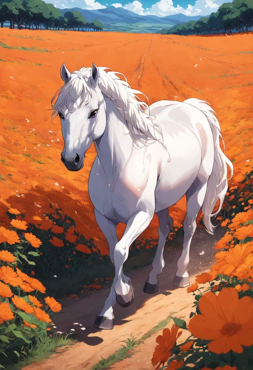 a white horse walking through an orange field of flowers, animated gifs
