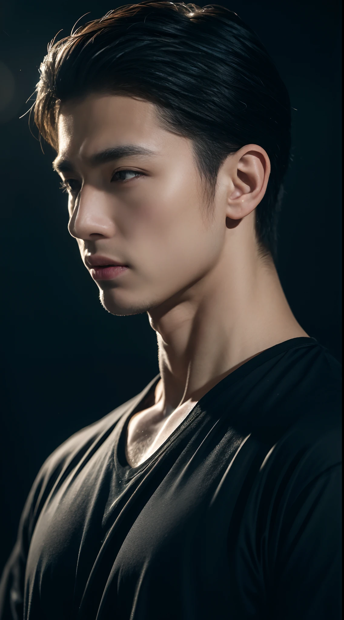 (8K, RAW photo, Highest quality),Realistic,1 man,frontage，Intricate details,Closed mouth,Muscular male,Manly,looks away,Male focus,Solo,Transparent tulle，Chinese Tang Dynasty,18-year-old man，Night sky,Soft lighting,Cinematic lighting,Portrait,Close-up,Lovingly