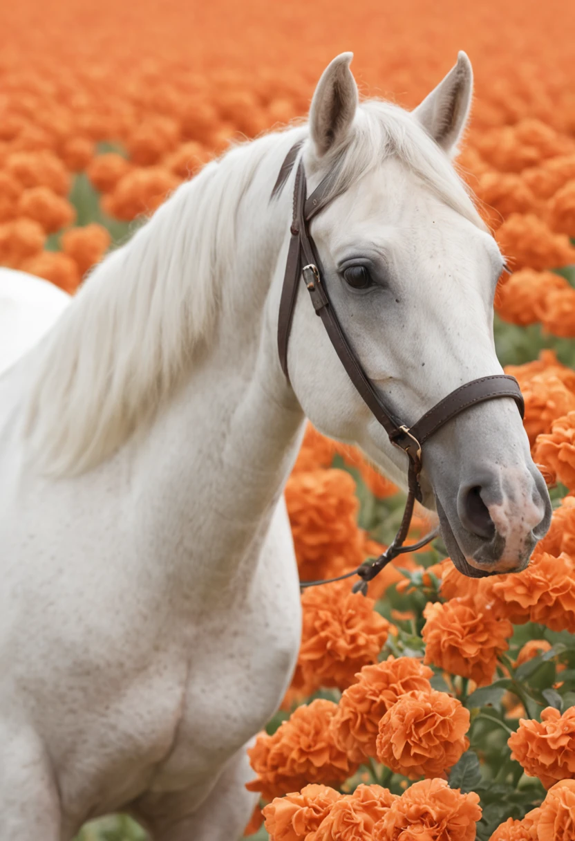 a white horse walking through an orange field of flowers, animated gifs
