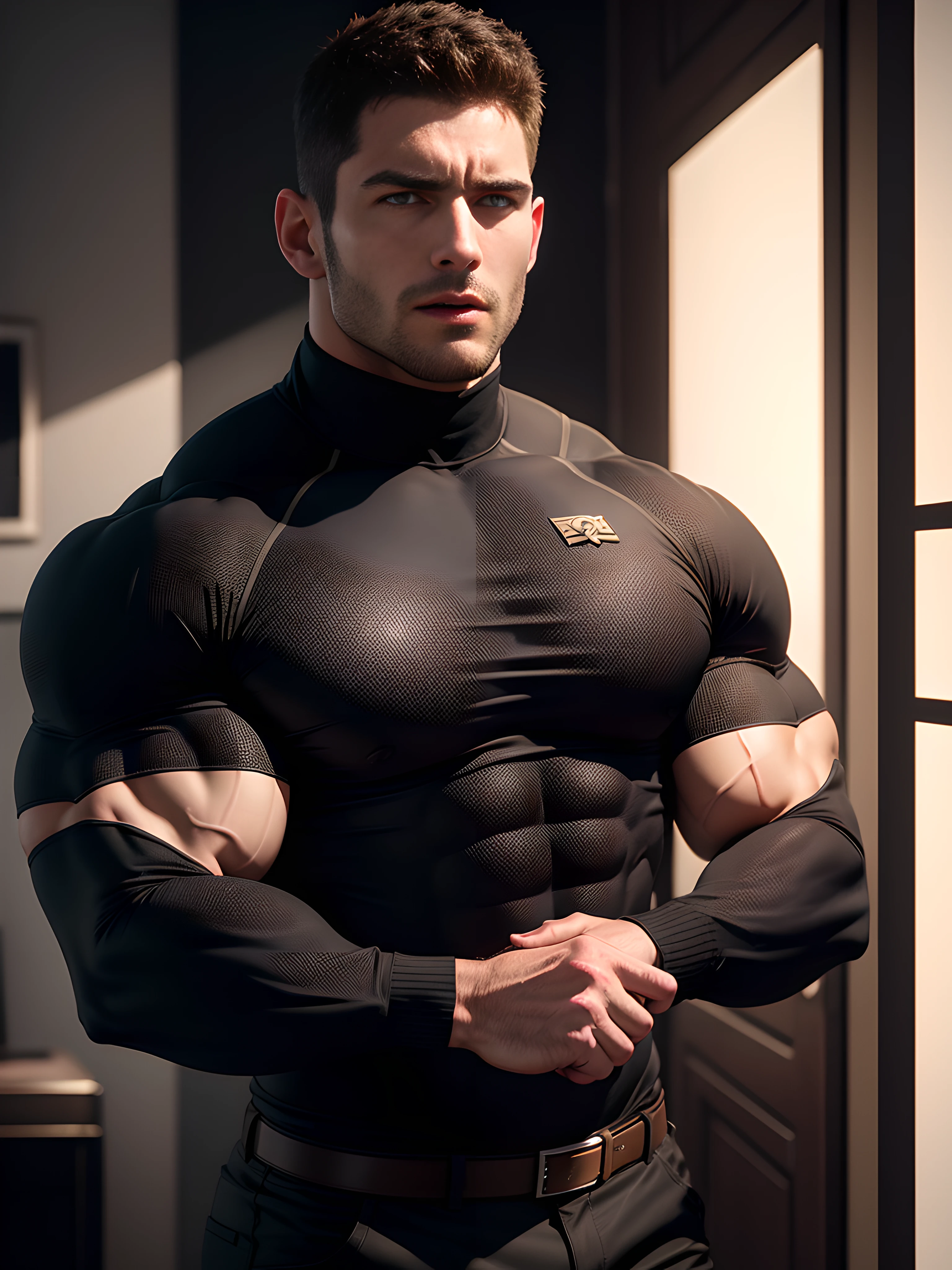 Muscular male security guard with open mouth，Chris Redfield，Wear a long-sleeved turtleneck sweater，expression sad，He frowned aggrievedly。。。。。。。。。。。。。。。。gem-like eyes，Tall, Burly and strong，Thick thighs，He was in the luxurious living room。。。。。。Highest resolution，the highest picture quality，Extremely optimized facial features，Detailed depiction