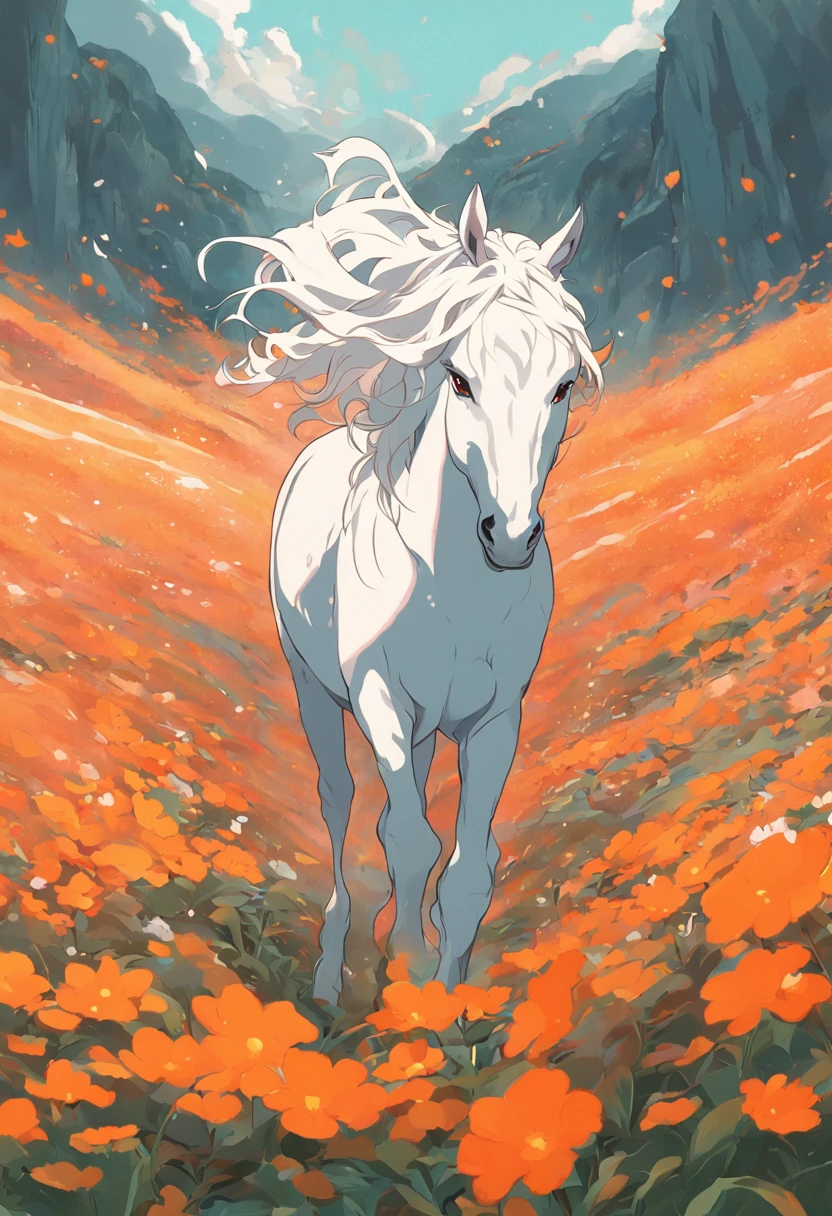 a white horse walking through an orange field of flowers, animated gifs