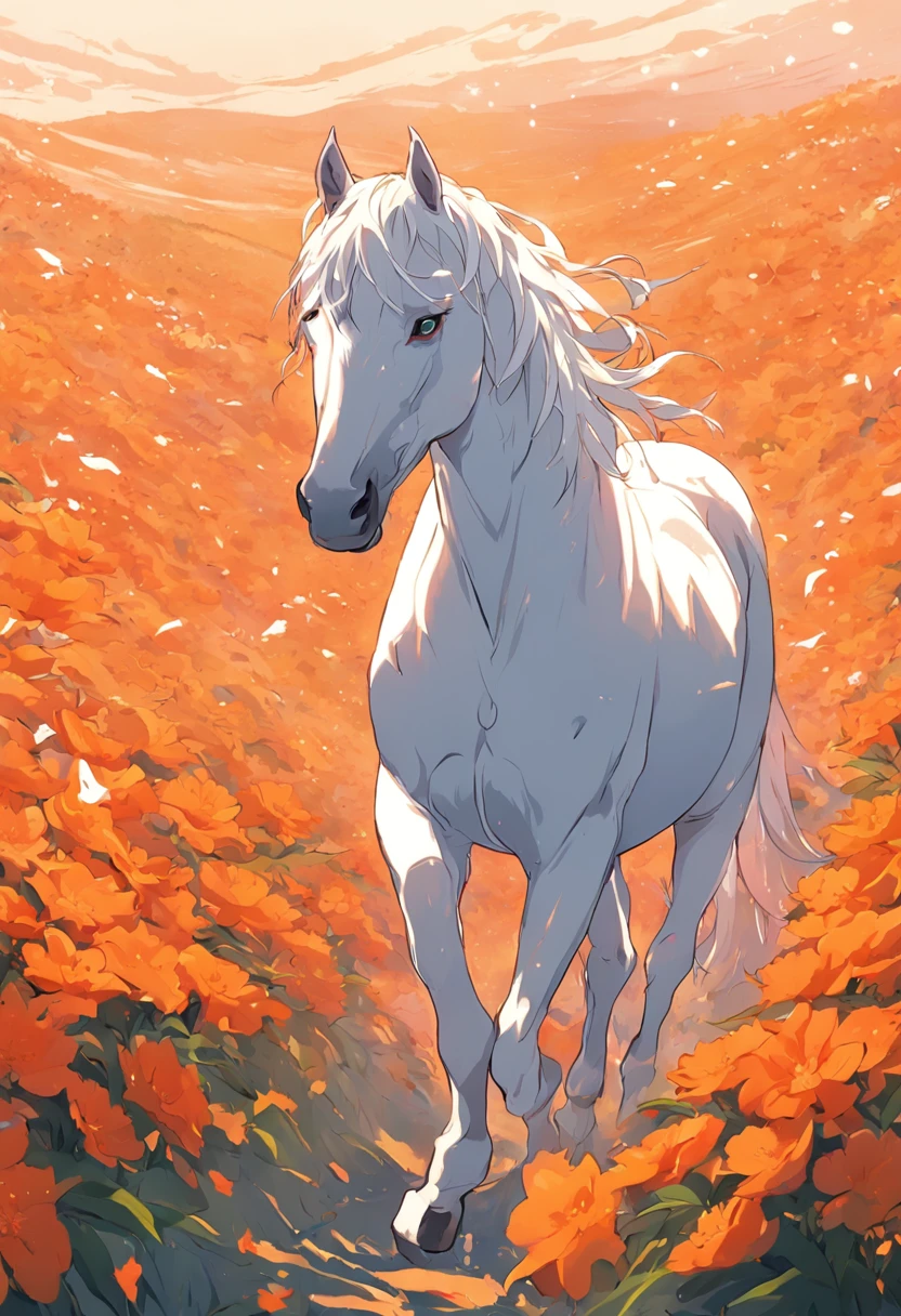 a white horse walking through an orange field of flowers, animated gifs