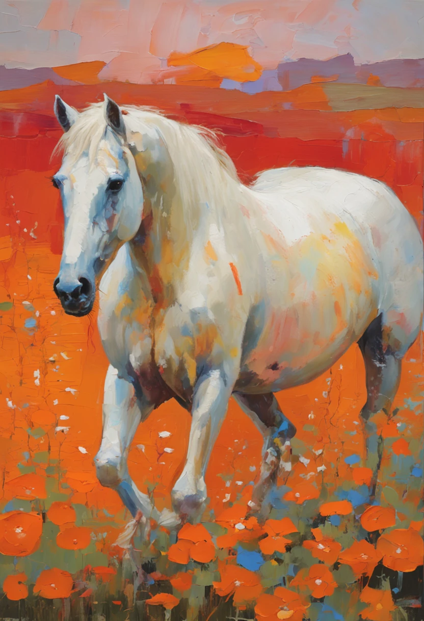 a white horse walking through an orange field of flowers, animated gifs