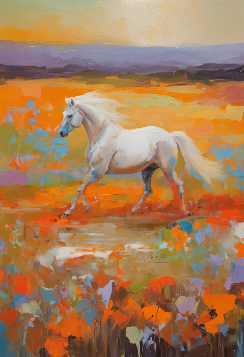 a white horse walking through an orange field of flowers, animated gifs