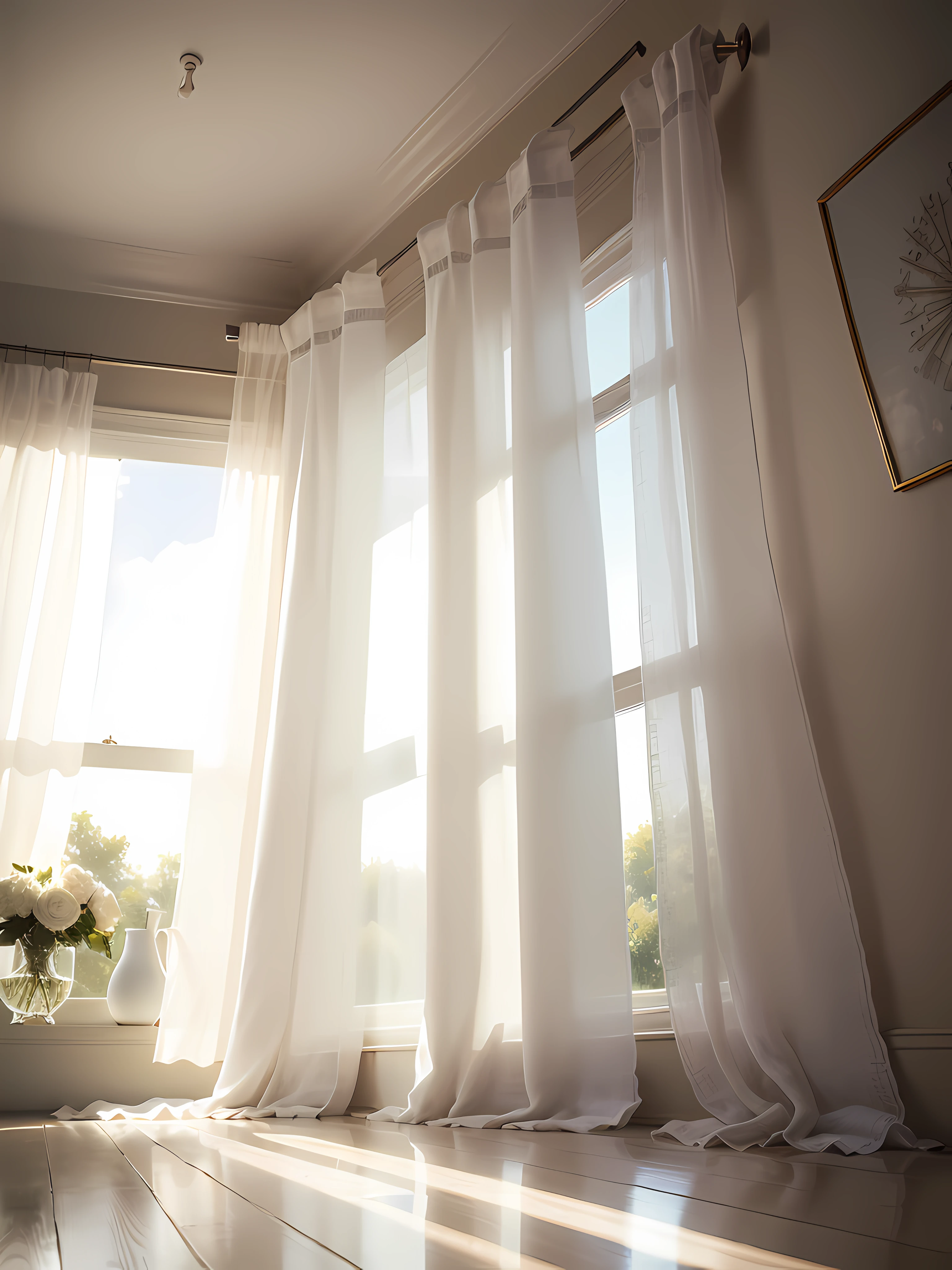 (((realisticlying)))，best qualityer，tmasterpiece，French light luxury style，(((A linen curtain)))，floor to ceiling window，【sofe：20】，Clean white walls，soft sun light，depth of fields，Focus Clear，symetrical composition，