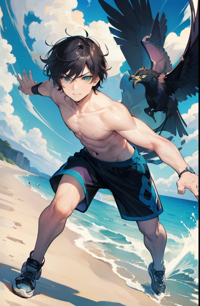 Percy Jackson, 13 years old ???, masterpiece, highres, average height, athletic, very slight muscles, raven black hair, messy hair, slightly short hair, shirtless, tanned mediterranean skin, sea green eyes, handsome face, smirking, looking at viewer, injured, Percy is standing and you can see his full body from head to toe in the picture. He is wearing black running shoes and shorts, and is shirtless. He is rolling his wrists. He is thin with slight hints of muscle. He is running and rolling his wrists. He is running. He is running after a car. He is thin and lean with slight hints of muscle. He is a 13 year old ???.