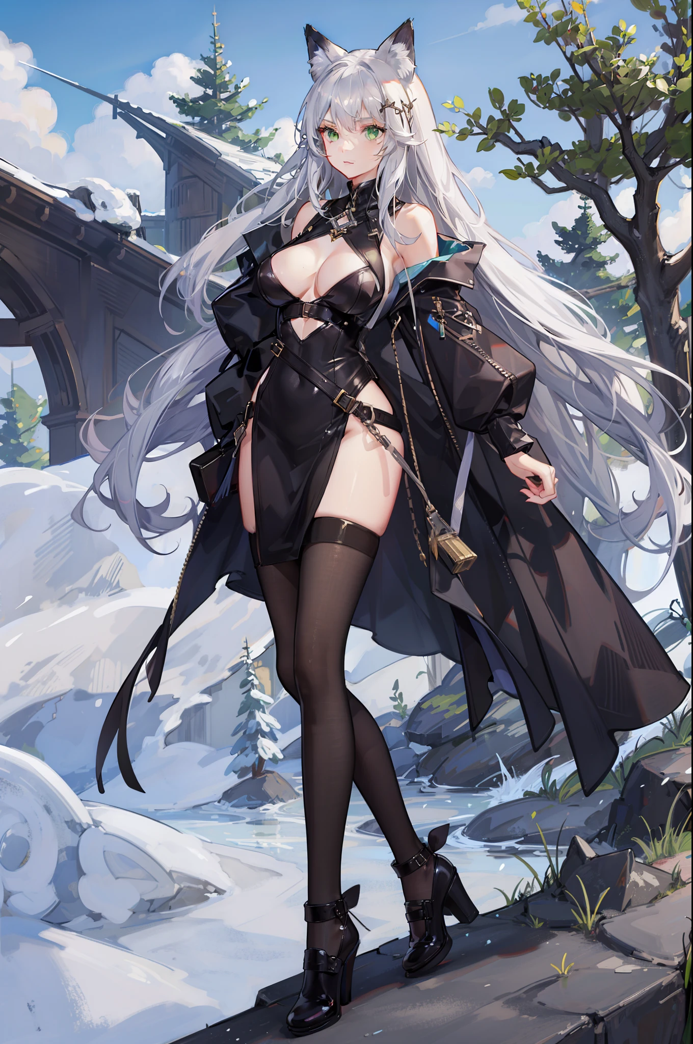 one woman, fox ears, fox tail, silver hair, green eyes, big breasts, leather, see-through, pantyhose, leather dress, bodysuit, mature lady, tall person, wide hips, big ass,
