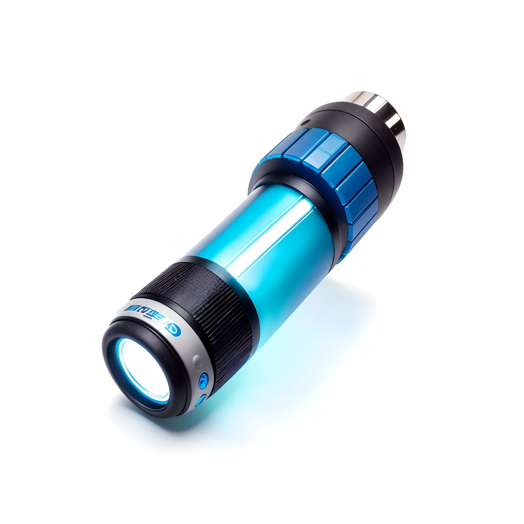 Close-up of flashlight with blue light, role-playing game items, video game item, rpg item, energy core, lightning electricity coil, small gadget, cyan lightning, Blu-ray Saber, Flashlight, Plasma gun, Cyberpunk accessories, rpg item render, Blue lightsaber, flash lights, Sci-fi accessories, Lightning in a bottle, modular item