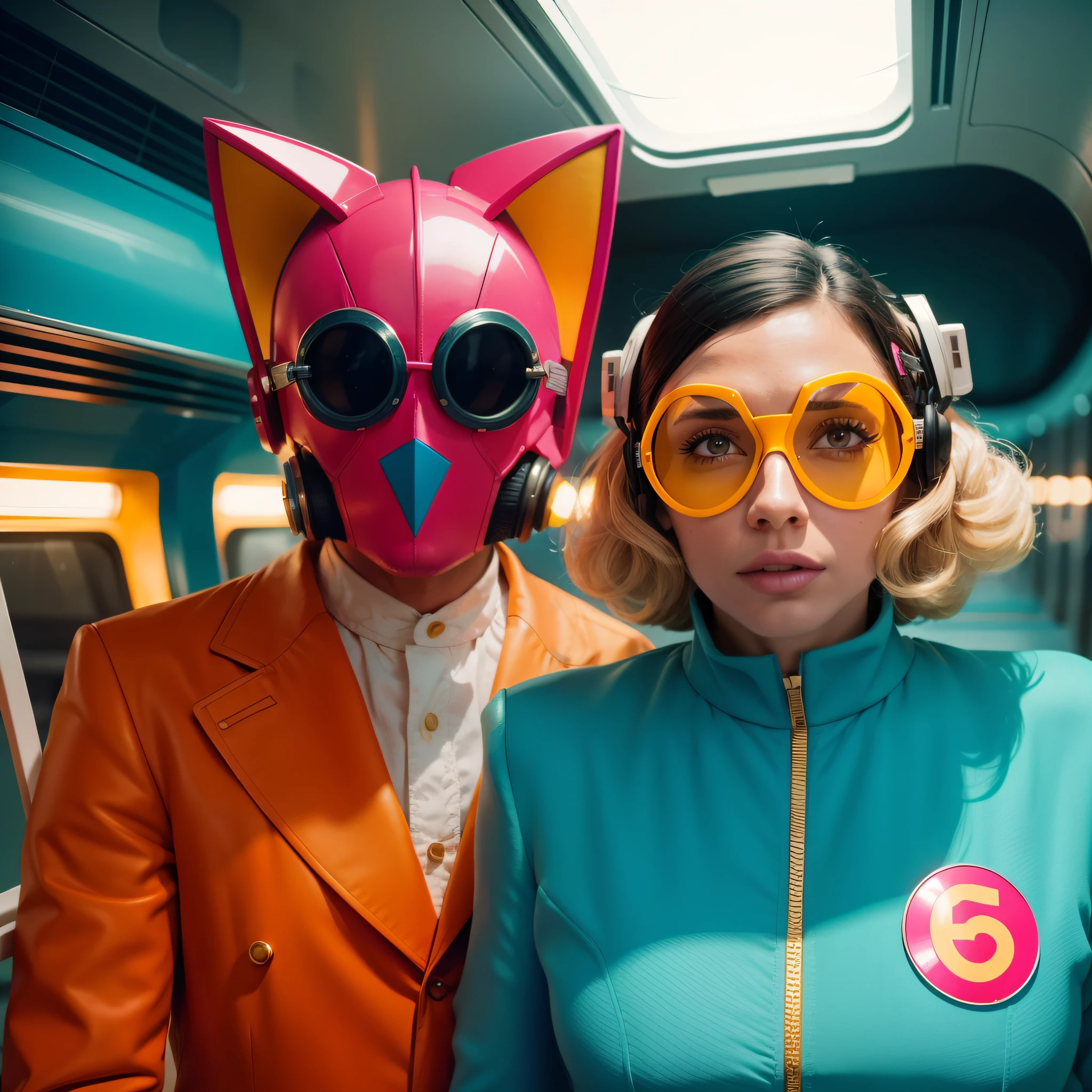 8k image from a 1970s science fiction film, imagem real, Estilo Wes Anderson, pastels colors, a man between two women wearing retro-futuristic fashion clothes and futuristic technological ornaments and devices, Luz Natural, cinemactic, Psicodelia, futurista estranho, retro-futurista, Foto premiada, intrincado, Sharp details,