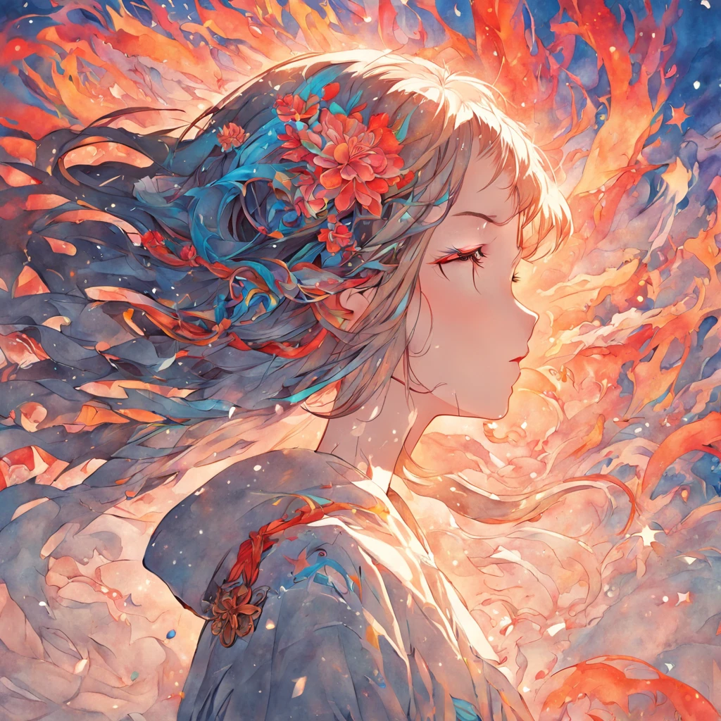 (White background:1.4),(Silhouette of a girl's head, Eyes closed, colorfull long hair, Oriental elements),(Chinese illustration:1.3,paper art:1.3, Quilted paper art:1.2),( reasonable design, Clear lines, High sharpness,Best quality, Very detailed, Masterpiece, movie light effect, 4K )