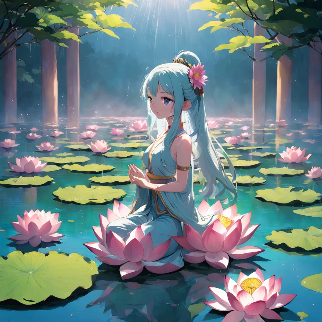 In the field there is a statue of a man holding a flower, standing gracefully upon a lotus, sitting on a lotus flower, Lotus pond, Pink Lotus Queen, standing on a lotus, lotuses, lotuses, lotus flower, lotus petals, with lotus flowers, surreal waiizi flowers, lotus flowers on the water, Lotus, spirited water plants