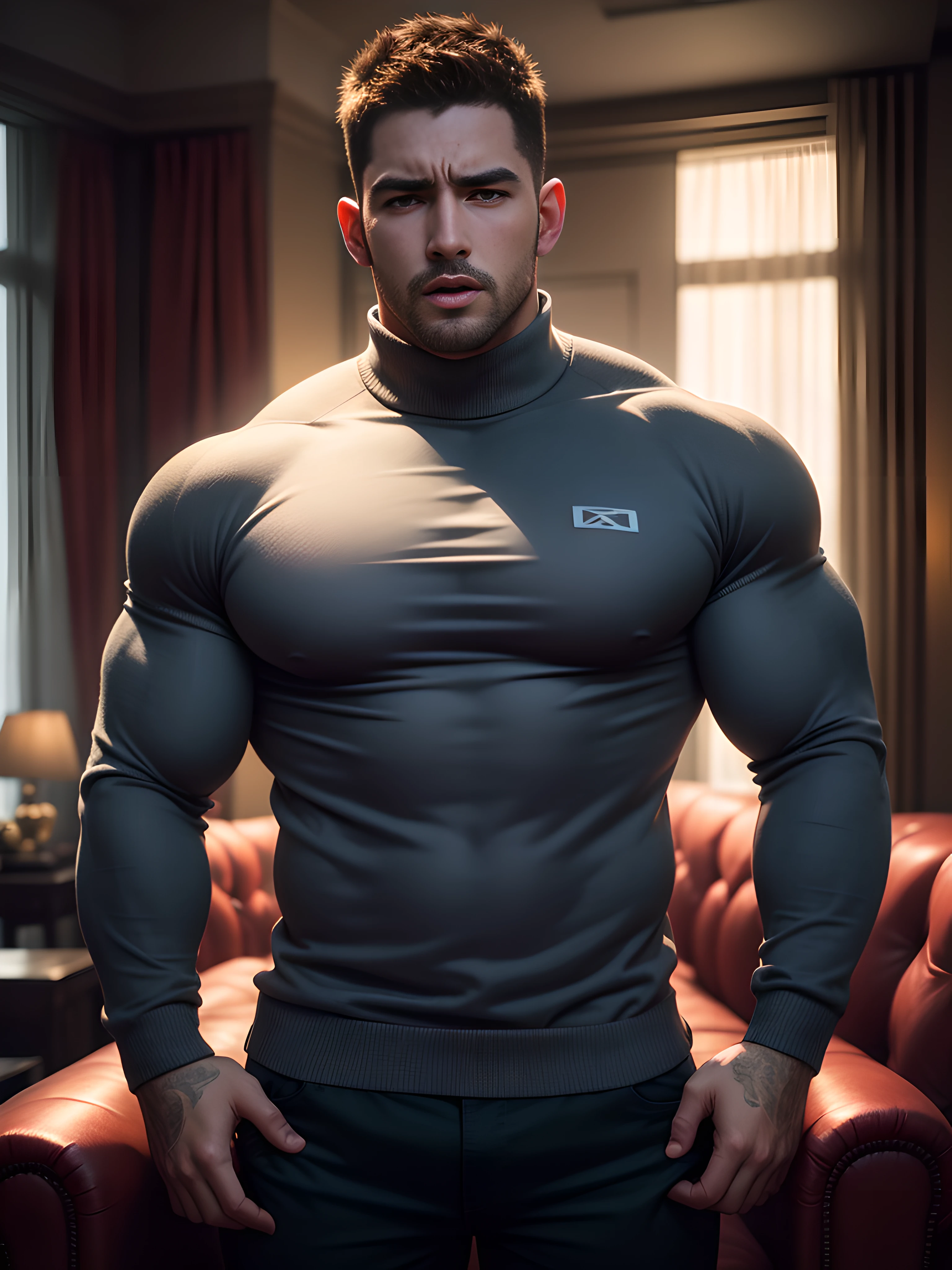 Muscular male security guard with open mouth，Chris Redfield，Wear a long-sleeved turtleneck sweater，expression sad，He frowned aggrievedly。。。。。。。。。。。。。。。。。gem-like eyes，Tall, Burly and strong，Thick thighs，He was in the luxurious living room。。。。。。Highest resolution，the highest picture quality，Extremely optimized facial features，Detailed depiction