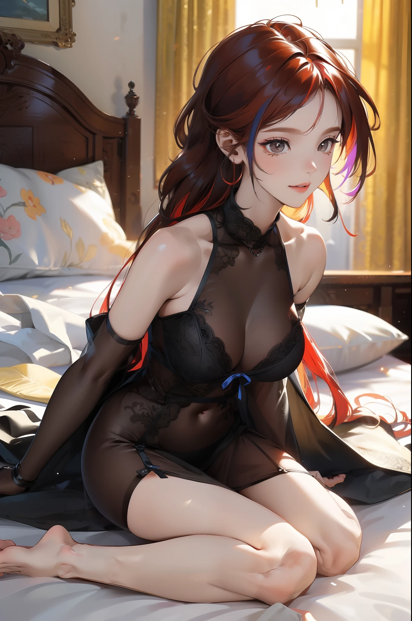 nsfw, highres, masterpiece, best quality, (alternate costume:1.4, nightgown:1.3, frills:1.3, lingerie, black nightgown, see-through, sleeveless, hair down, long hair), 1girl, dark skin, dark-skinned female, sweat, indoors, on bed, bed, bedroom, lying, after vaginal, cum in, cum, smile, blush, drunk, feet, barefoot, close-up, focus, gaping, multicolored hair, black hair, red hair, streaked hair, hand up, hand on own knee, spread legs Size: 512x640, Clip skip: 2, ENSD: 31337, xinyanv1(951b9a6ec112) 0.3, xinyanv3(2e22aa77bbe1) 0.2, rizdraws(757b1433f2a8) 0.3, kasedaiki(87d63531f91a) 0.5, genshinHoyoArtStyle_v10(a6d36e22fdd4) 0.4