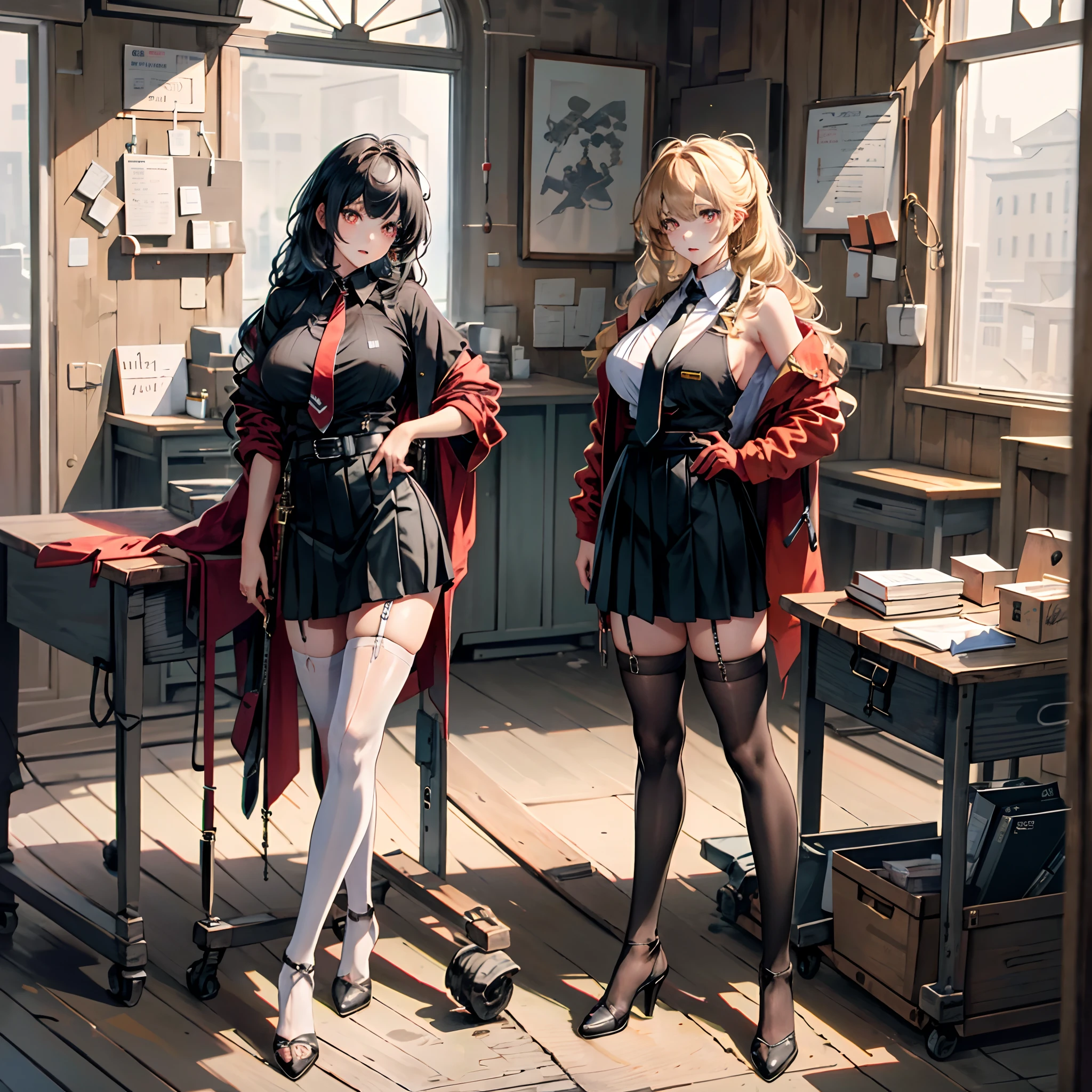tmasterpiece， quadratic element，best qualityer，A high resolution，Huge breasts， red pupils，black micro skirt，White top，black necktie，black lence stockings， Leg clamping， The body trembles， Flushed complexion，‎Classroom