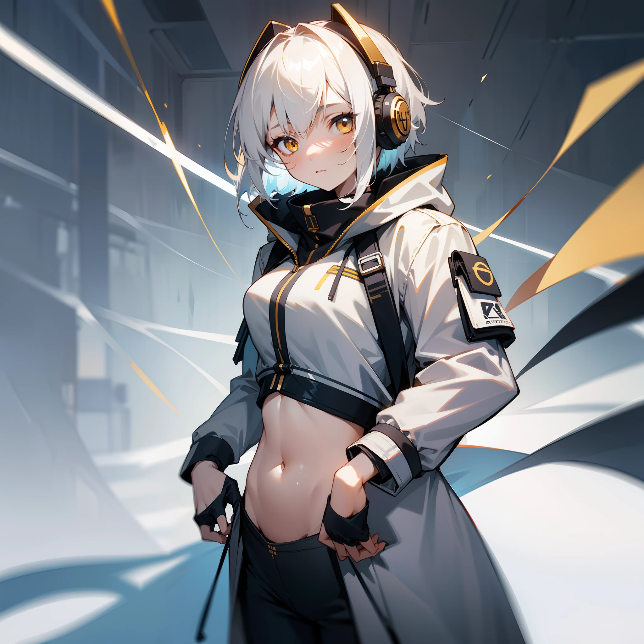 teens girl,with short white hair,Full face headphones,A cold face,Golden eyes,grey coat,showing belly