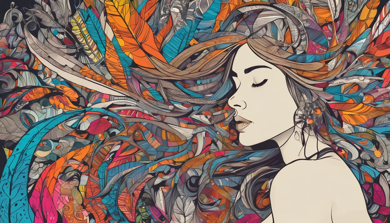 (1girl, solo, from side), extremely detailed, (abstract background, zentangle, fractal art:1.3), (many colors, colorful:1.1), (feathers, petals, flowers:1.3), dynamic pose, earrings