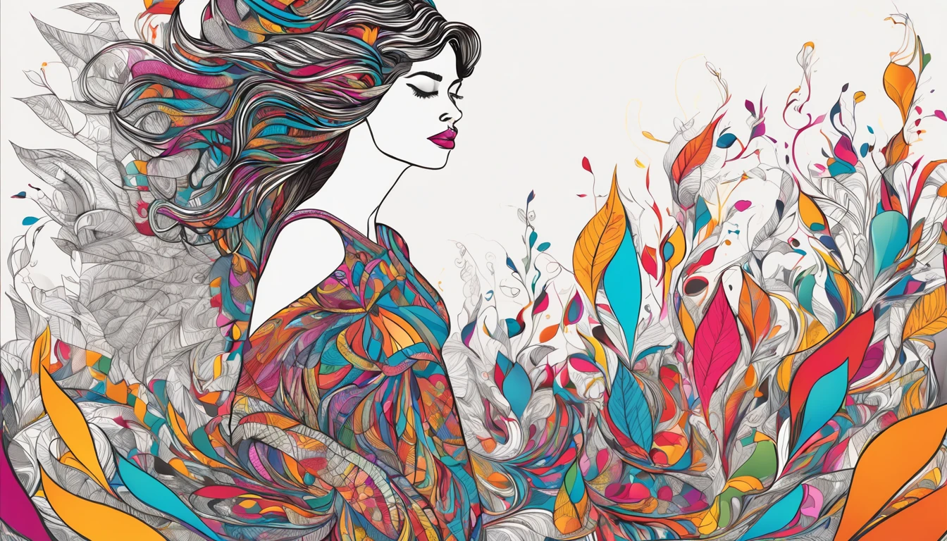 (1girl, solo, from side), extremely detailed, (abstract background, zentangle, fractal art:1.3), (many colors, colorful:1.1), (feathers, petals, flowers:1.3), dynamic pose, earrings