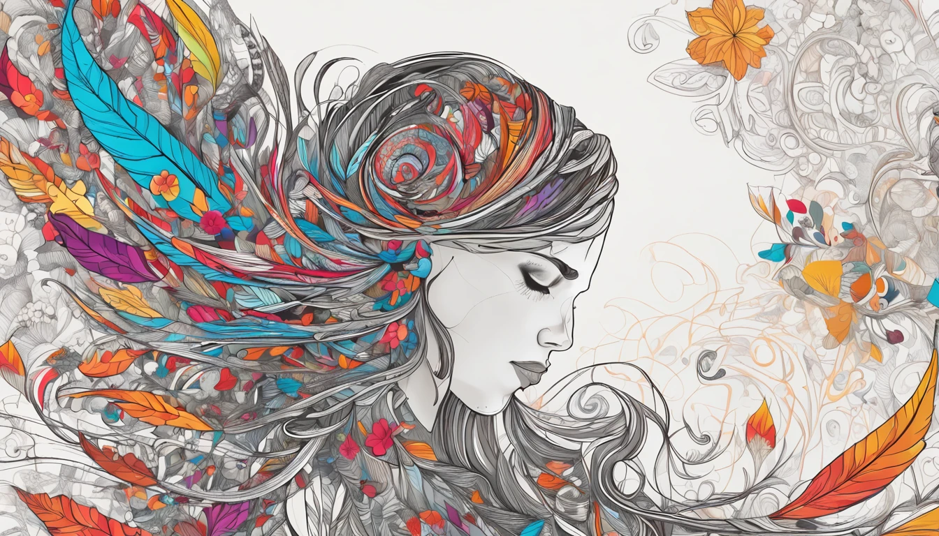 (1girl, solo, from side), extremely detailed, (abstract background, zentangle, fractal art:1.3), (many colors, colorful:1.1), (feathers, petals, flowers:1.3), dynamic pose, earrings
