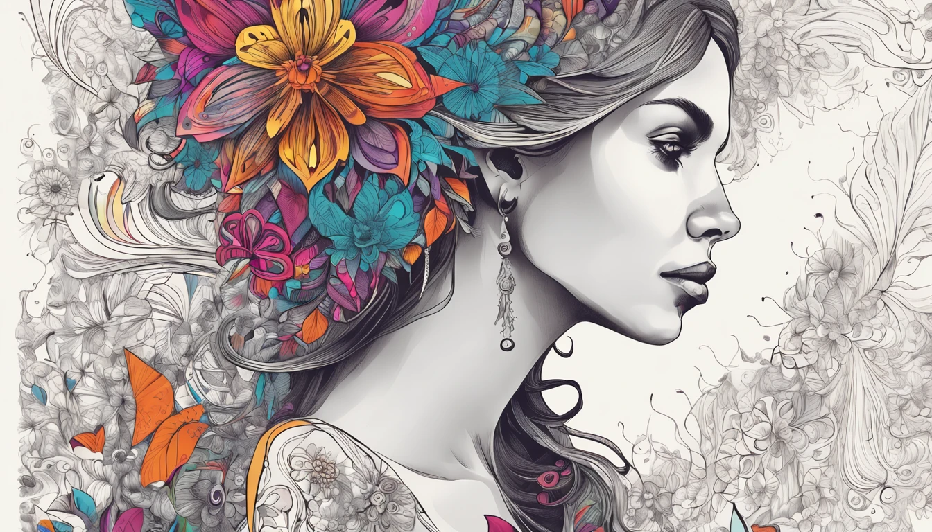 (1girl, solo, from side), extremely detailed, (abstract background, zentangle, fractal art:1.3), (many colors, colorful:1.1), (feathers, petals, flowers:1.3), dynamic pose, earrings