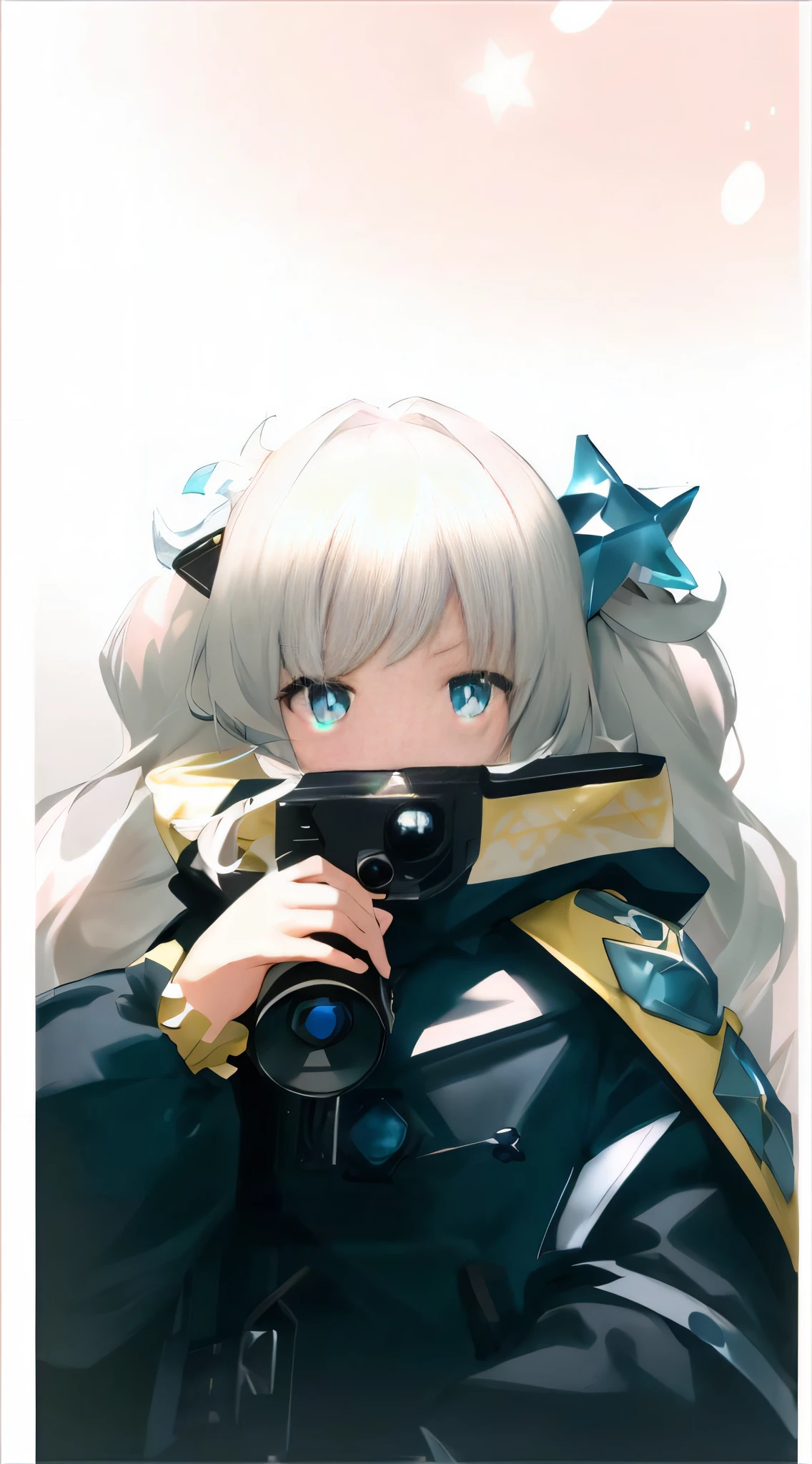 Hatsune miku, One-handed gun, Girly frontline painting style, Snowy background, Hair over the shoulder, On his head is a crown of ice and snow, Officer shoulder straps, Gradient bluish-silver hair, blue color eyes, light blue hair, gradient hair, twintails, eyeball, color contact lenses, aqua eyes, blush, ear blush, smiley, parted lips, light smile, anime style, projected inset, cowboy shot, Sony FE GM, Sony FE GM, cinematic lighting, UHD, textured skin, 4K, 1080P, 16k, super detail, retina, best quality, highres