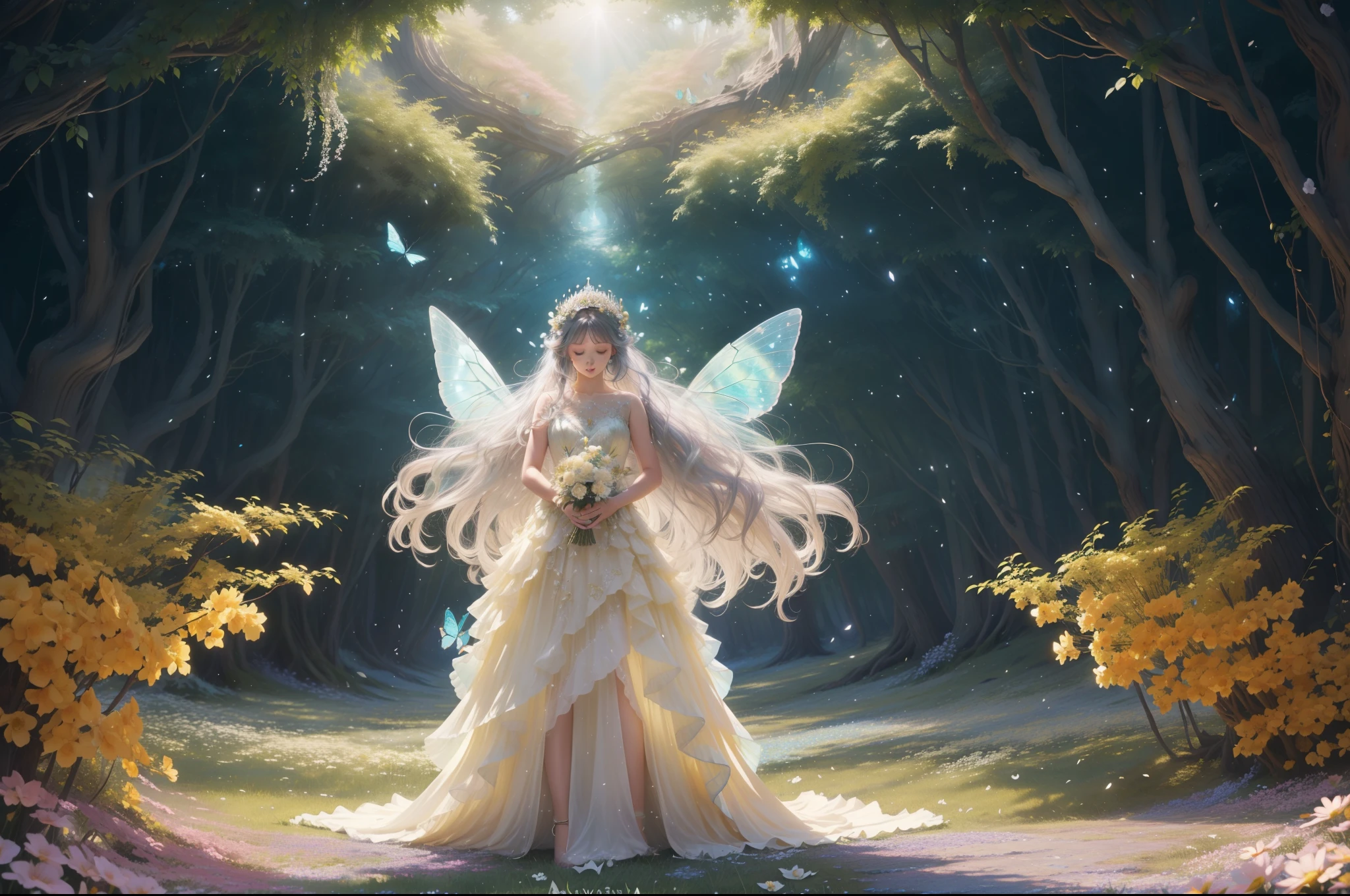 A young fairy in vortex of falling flowers and leaves. Butterfly like Wings. She wears a multilayered ruffled dress in light yellow transparent fabric with silver and aquamarine embellishments. Long messy wavy hair in dark colour, flower tiara. She is emerging from a vortex of multicoloured varieties of flowers and leaves of different shapes and tones of green. Dynamic image. Magical flowery forest as background, clear day, sunny, light filtering through the trees. Photorealistic.