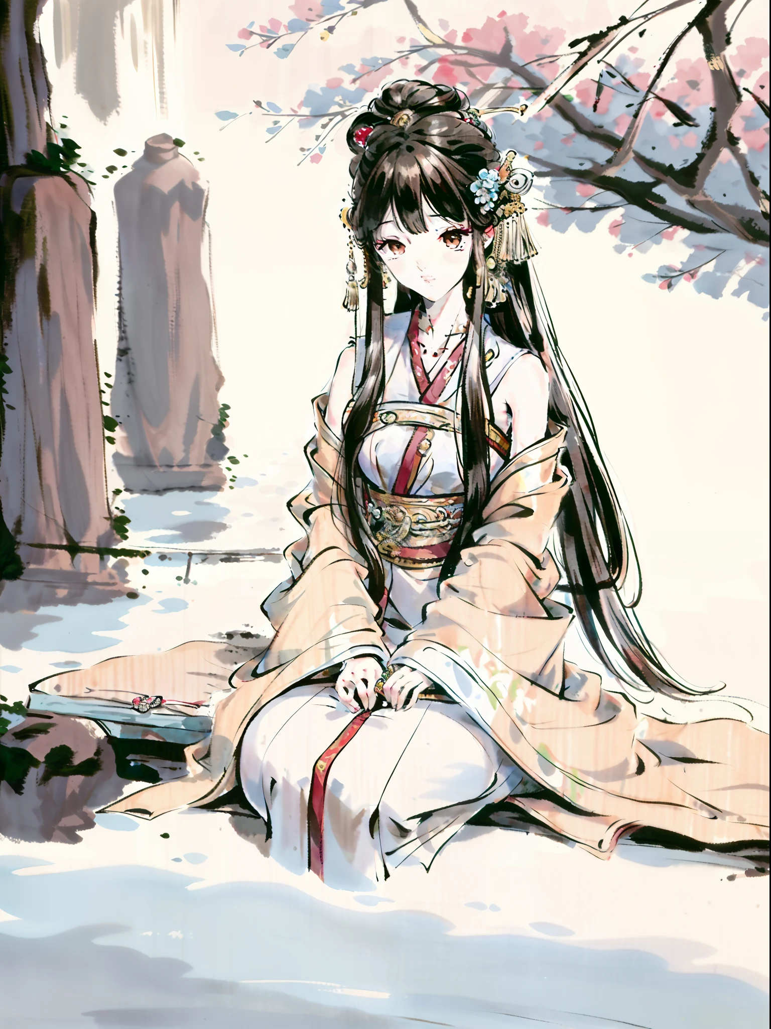 full bodyesbian, Oil painting, Masterpiece, Best quality, A high resolution, Long brown hair, jewelry hairpin, riverside and rock or temple or bridge, Very clothes, Sitting, (Song Dynasty, song clothing:1.2), Hanfu