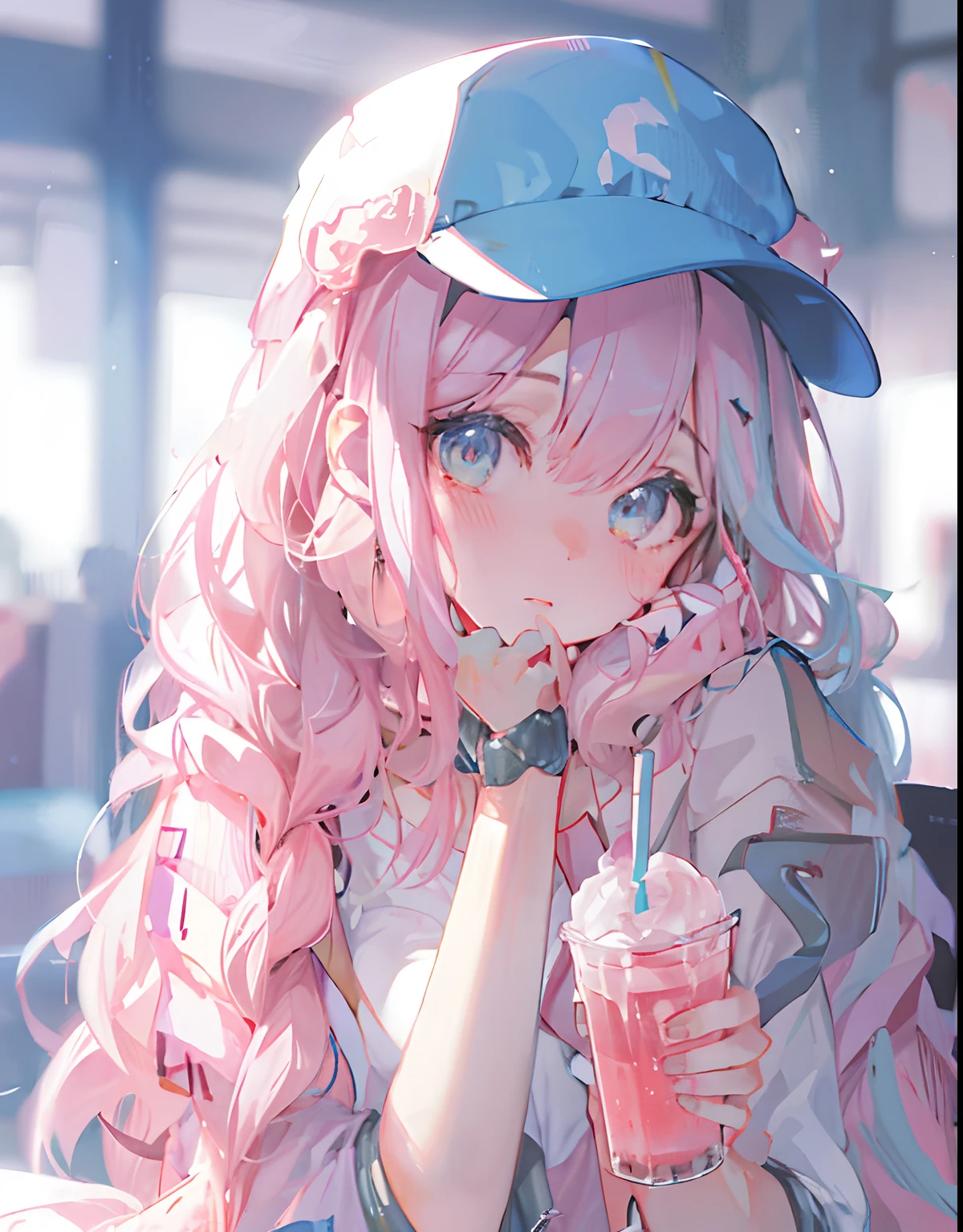 Anime girl with pink hair drinking a drink，Wearing a baseball cap, anime girls drink Energy drink, Cute anime girl, soda themed girl, pretty anime girl, style of anime4 K, Beautiful anime girl, (Anime girl), Anime girl, up of young anime girl, An anime girl, 4K anime wallpaper, Anime wallpaper 4 k, Anime wallpaper 4K, beautiful anime art style