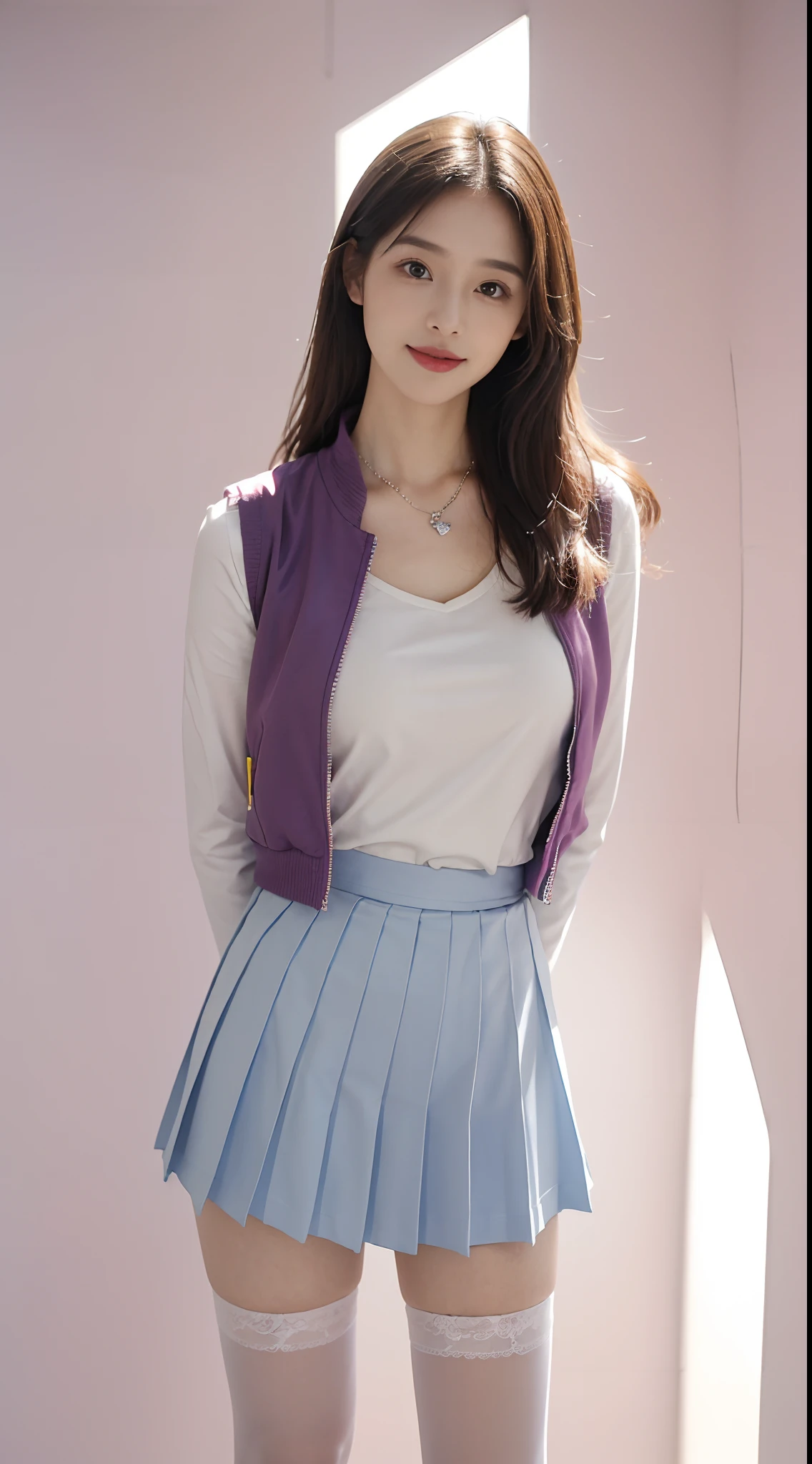 ((best qualtiy, 8K, tmasterpiece:1.3)), Focus:1.2, perfect figure beautiful woman:1.4, Cocked buttocks:1.2, ((exquisite long hair)) , (Interior white wall background）, Highly detailed facial and skin texture, A detailed eye, 二重まぶた，Whiten skin，face fill light，ssmile，Wear a necklace，roleplaying，Blue print，Wear yours with a plum jacket，Pink rainbow vest，Short pleated skirt，white stockings，solo person，Do not show your hands，with hands behind her back，Hide your hands