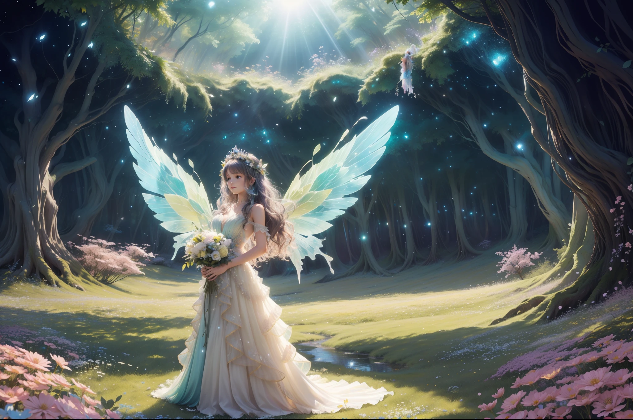 A young fairy in vortex of falling flowers and leaves. Butterfly like Wings. She wears a multilayered ruffled dress in light yellow transparent fabric with silver and aquamarine embellishments. Long messy wavy hair in dark colour, flower tiara. She is emerging from a vortex of multicoloured varieties of flowers and leaves of different shapes and tones of green. Dynamic image. Magical flowery forest as background, clear day, sunny, light filtering through the trees. Photorealistic.