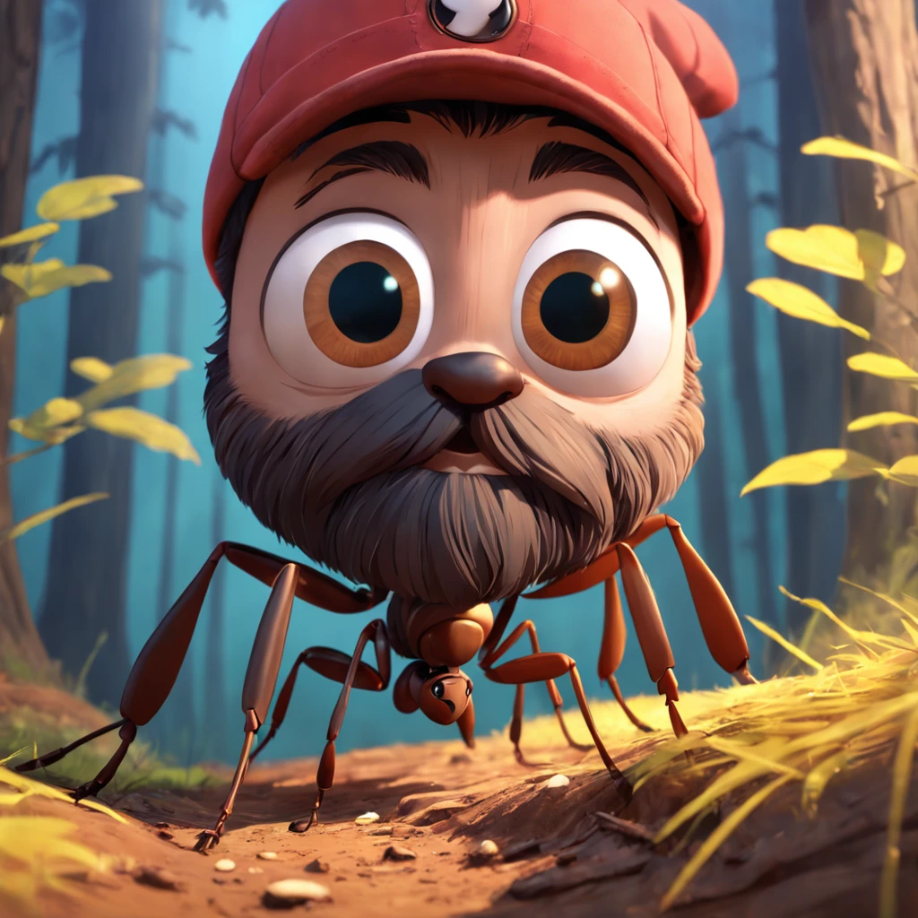 ant with a big beard lumberjack s style, 3d, 8k, highly detailed, digital painting, , illustration, art, 3d style pixar animation, big eyes, friendly, golden brown color ant