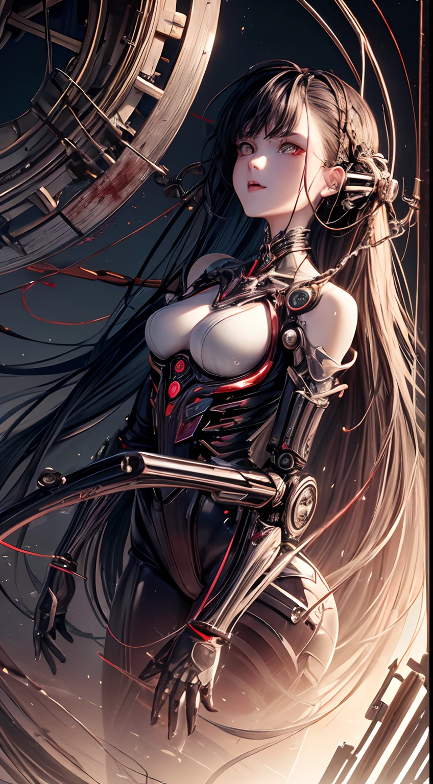 (((Masterpiece))), ((Best Quality)), (Super Detail), (CG Illustration), (Very Evil and Beautiful)), Cinematic Light, ((1 Mechanical Girl)), Single, (Mechanical Art: 1.4), ((Mechanical limb)), (Blood vessel attached to a tube), ((Mechanical spine attached to the back)), ((Mechanical cervical vertebrae attached to the neck), (Back to the viewer)), expressionless, ( Wires and cables attached to the head and body: 1.5), Science Fiction, Apocalypse, Ruins, (Lower Body Integrated with Mechanical Devices), (Blood: 1.5), Cruelty, Absurdity, Eroglotesque, Fusion with Machines, Doomsday Time, Super Future, Inorganic, Laboratory, Restraint, (Beautiful Indulgence: 1.2), (1 Girl: 1.3)