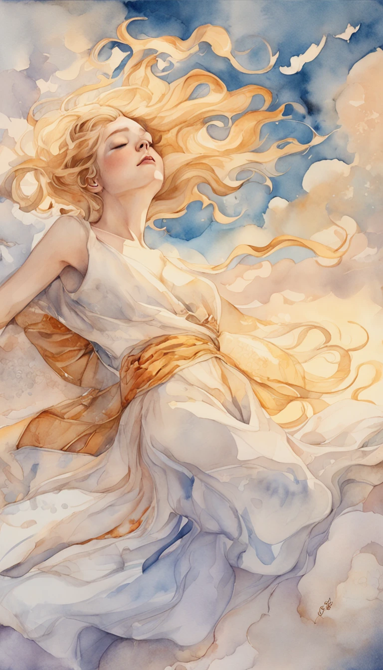 masterpiece, Highest Quality, MovieSteel, 1woman, Cloud Girl, Floating in the sky, close-up, brightness, happiness, Warm and soft lighting, sunset, Sleeping, Sleep on your stomach, sleep, eyes closed. (sparks:0.7)