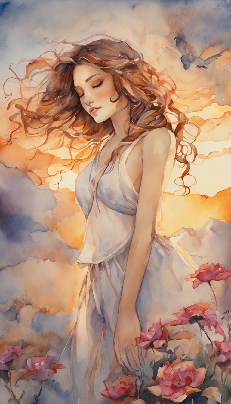 masterpiece, Highest Quality, MovieSteel, 1woman, Cloud Girl, Floating in the sky, close-up, brightness, happiness, Warm and soft lighting, sunset, Sleeping, Sleep on your stomach, sleep, eyes closed. (sparks:0.7)