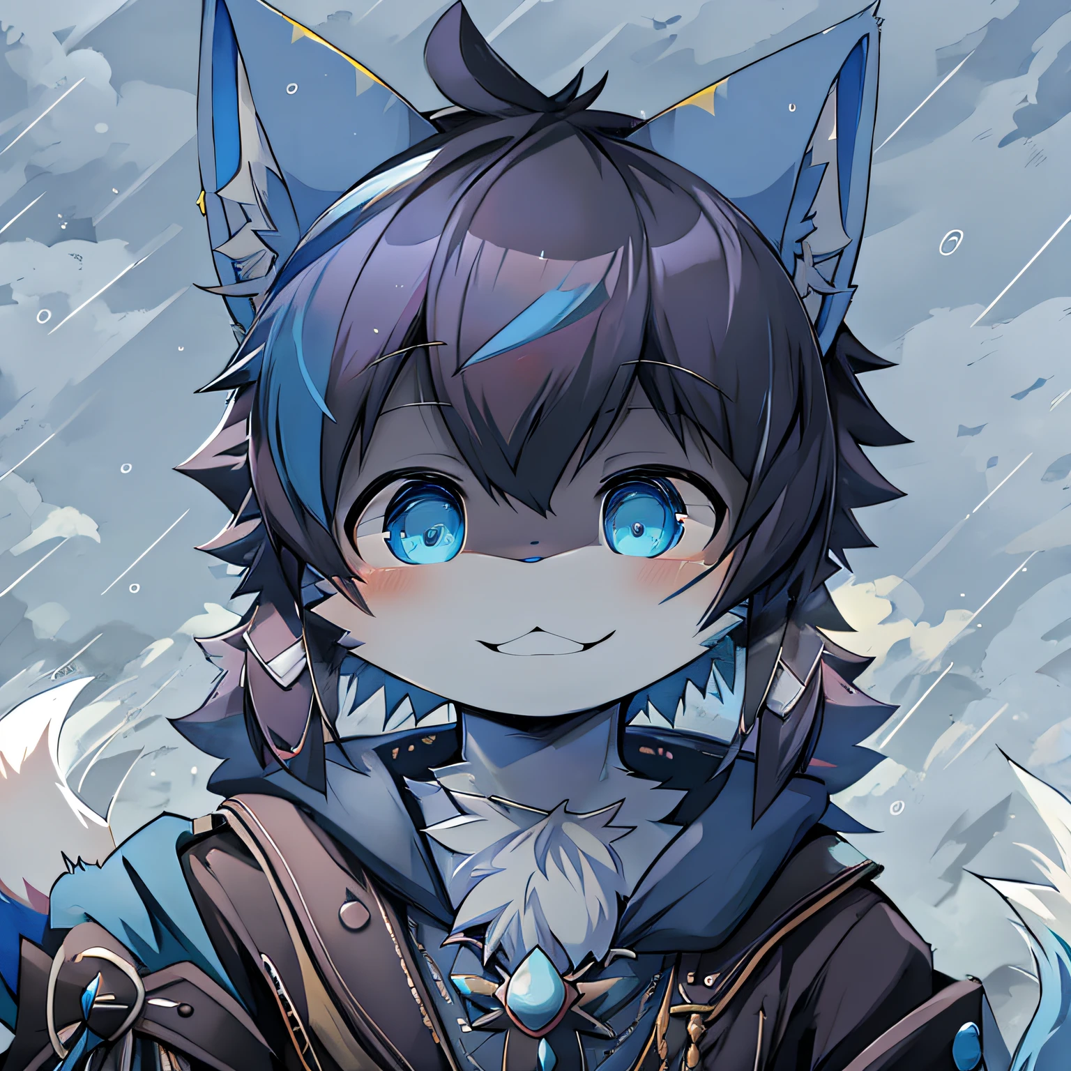 White hair，Anime - style image of a cat with blue eyes and a black coat, fursona art, furry character portrait, very very beautiful furry art, fursona furry art commission, fursona commission, fursona!!!!, furry fursona, portrait of an anthro fox, anthro portrait, Furry art!!!, Furry character, commission for high resolution, Detailed fanart,Rain background,rainbowing，portrait of zeraora，smiling expression!!!!felid，Black color hair!!!!There is a purple pearl pendant around the neck!!!!!!!Most of the blue hair on the face!!!!!!!The face has blue-blue fur!!!!!!ssmile,The nose of the cat!!!!white color hair