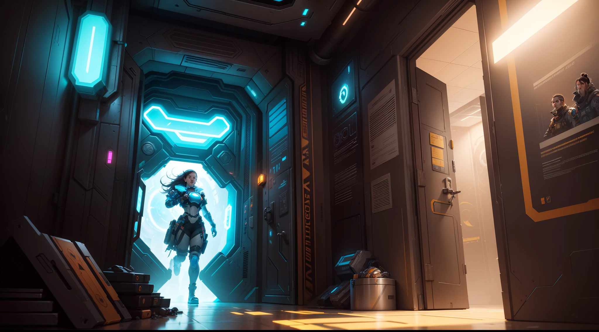 Portals, A space station, shadowrun splash art, key art, wallpaper splash art promo art, loading screen, promotional render, apex legends concept art, valve promotional splash art, game key art, in style of apex legends, portrait of apex legends, octane cgsociety, character splash art