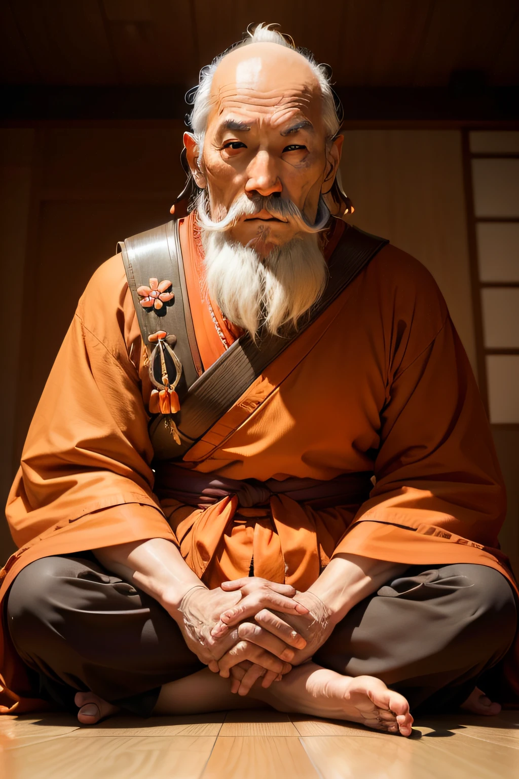 jpn、Tibet、zazen、monks、ember、mustache、Orange clothes、70yo、realisitic、8K、sitting on、Joining hands、bitter、Practice