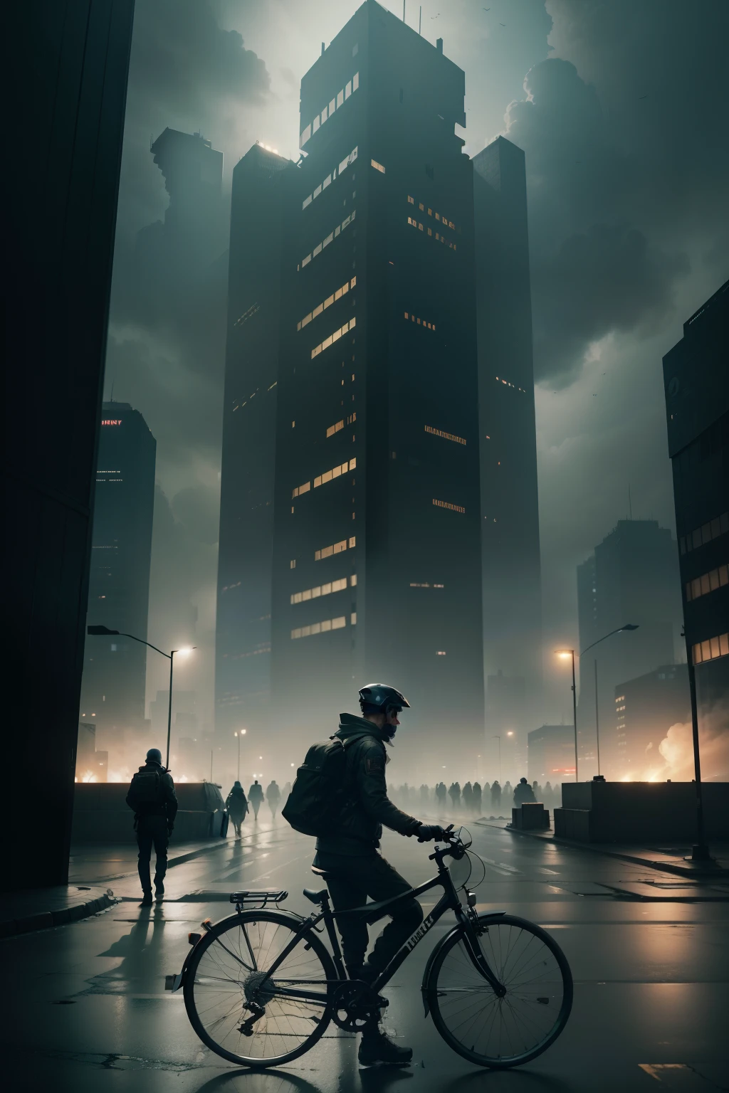 "Imagine a dystopian cityscape enveloped in darkness, where you navigate through the streets on a bike alongside your father, desperately trying to escape the clutches of an oppressive regime. The atmosphere is charged with tension, mirroring the feeling of being trapped in a never-ending cycle of danger and uncertainty."