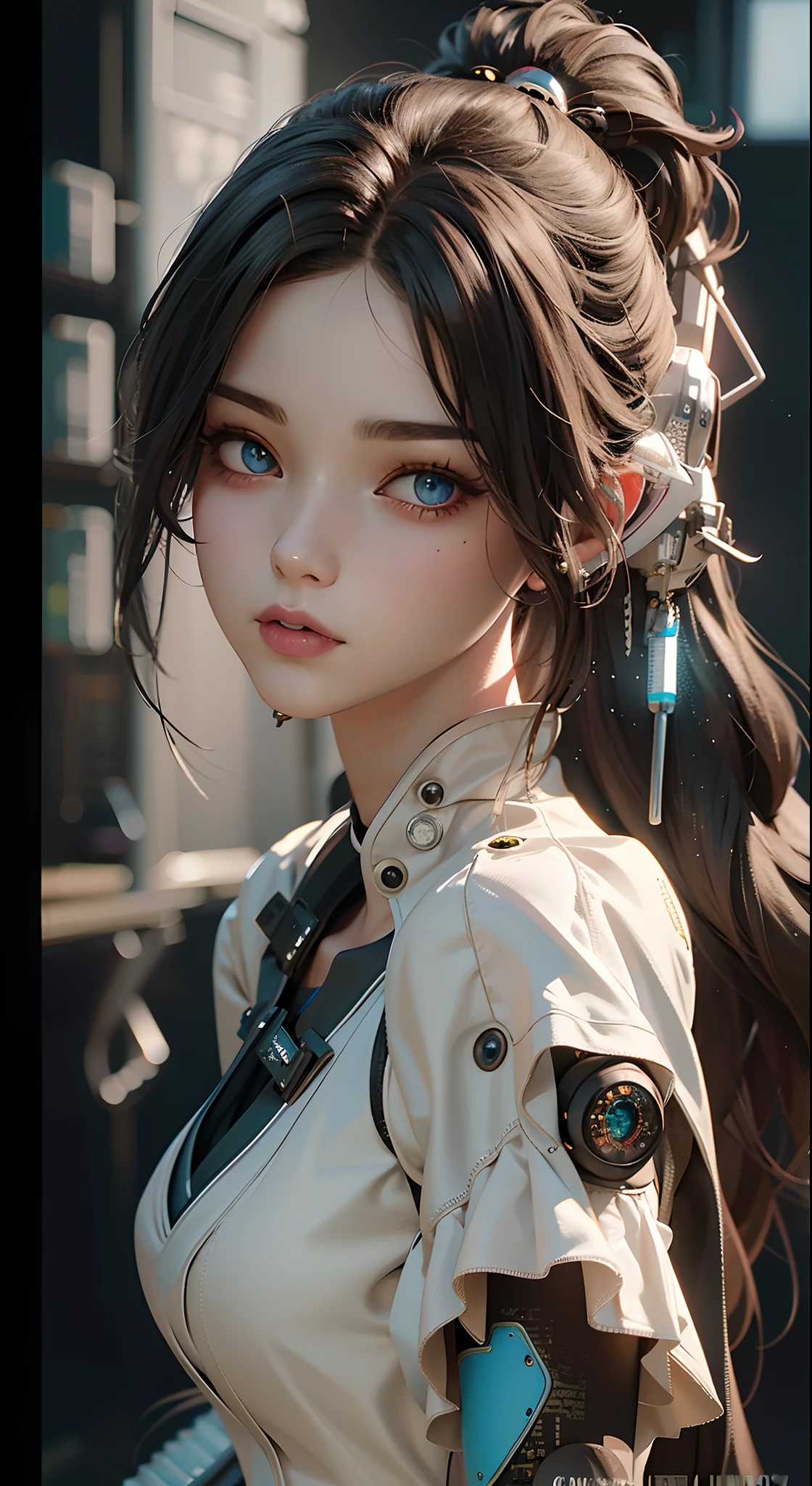 Anime girl with long hair and blue eyes in a white jacket, Guviz-style artwork, perfect android girl, dreamy cyberpunk girl, cyberpunk anime girl, beautiful cyberpunk girl face, Guviz, Cute cyborg girl, Realistic anime 3 D style, trending on cgstation, detailed portrait of an anime girl, female cyberpunk anime girl, with long hair and piercing eyes