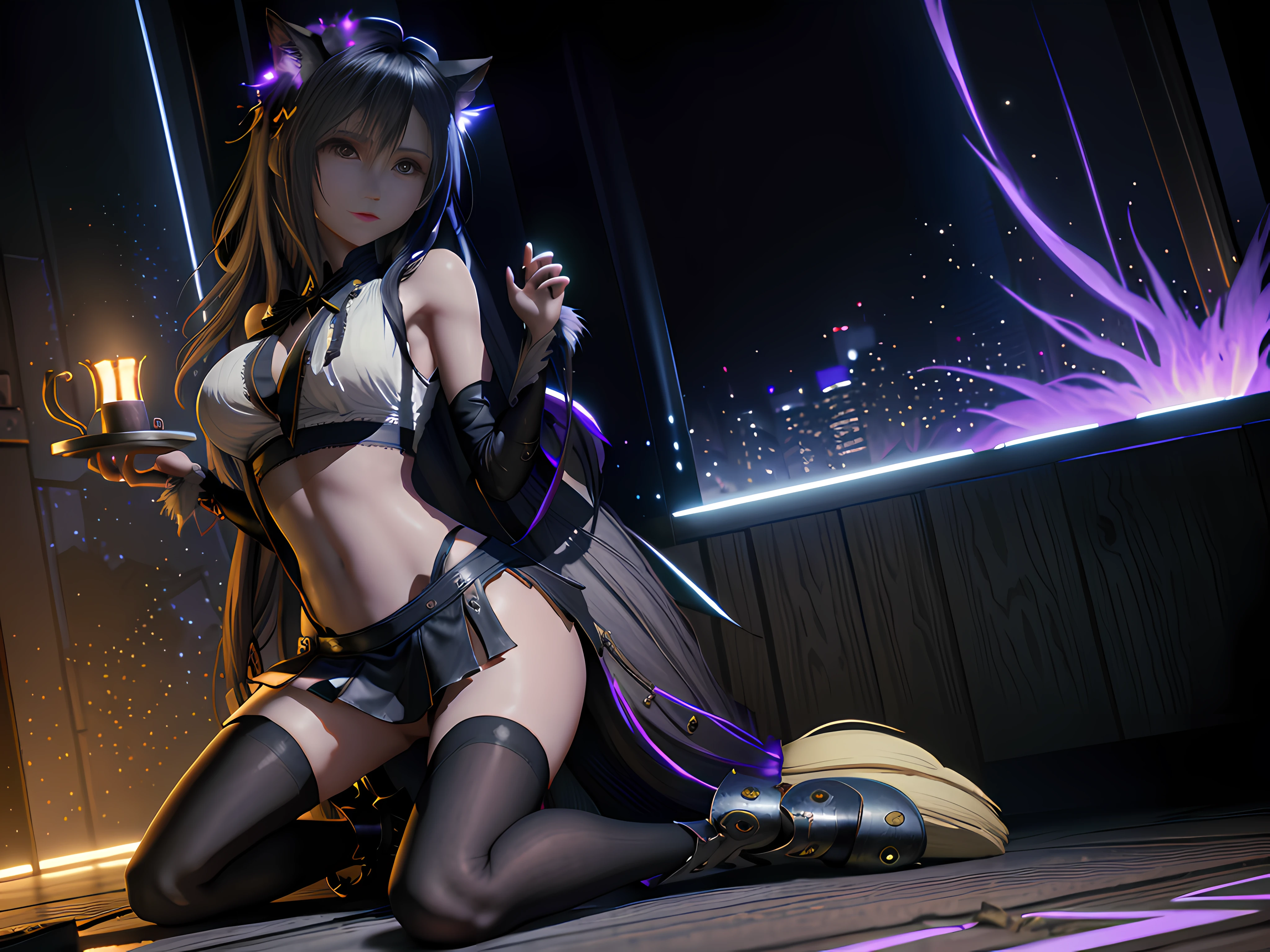 Loli with long yellow hair,Lori knelt on the grass,Bare leaky feet,Pale yellow eyes,Smile and look at me,Wearing a black-gray wizarding robe,A wooden staff set with purple gemstones on top,Place your hands between your legs,fox ear,fox tails,adolable,Protective,Seductive eyes,A cup,One meter five five