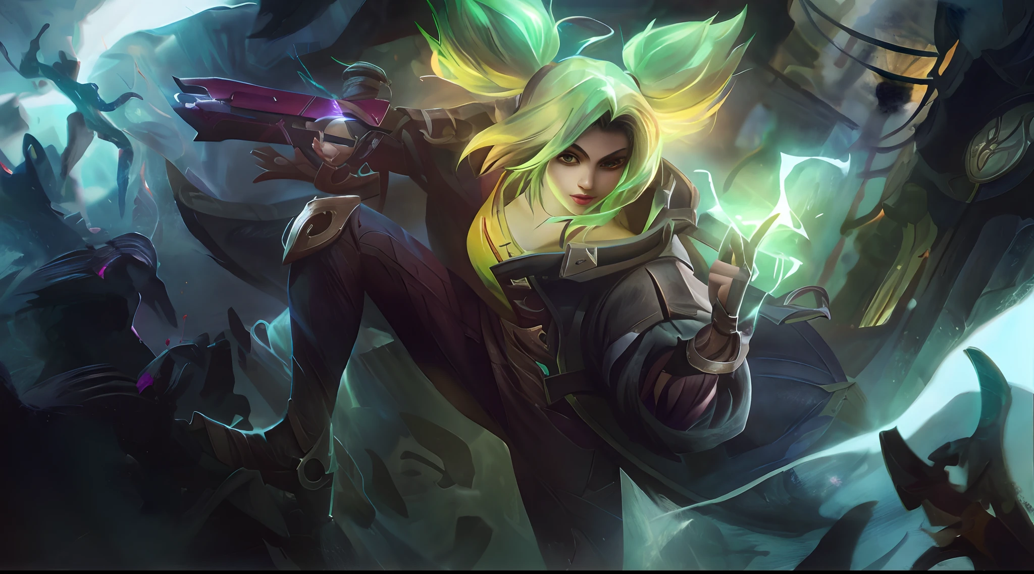 There was a green-haired woman holding a gun, Riven, female lucio, amazing portrait of viego, league of legends character art, League of Legends character, Official Splash Art, kda, Stanley Ateg Liu, iconic character splash art, league of legends style art, qiyana, league of legends splashart, character splash art