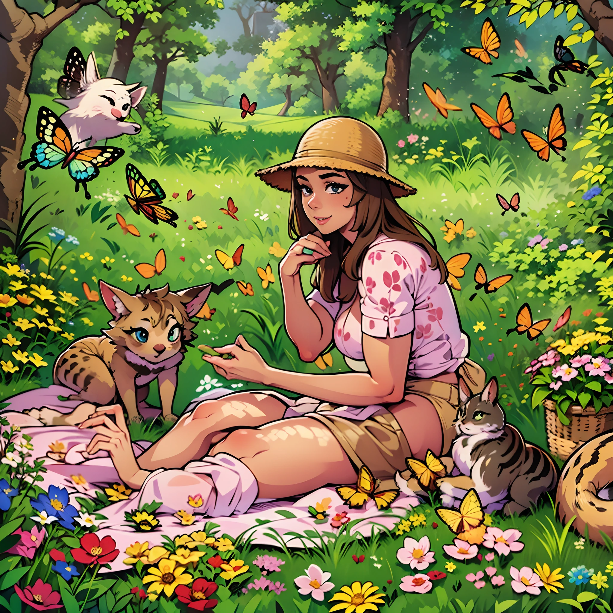 woman, age 30, milf, having a picnic in a picturesque meadow, surrounded by flowers, butterflies, and the gentle company of woodland creatures.