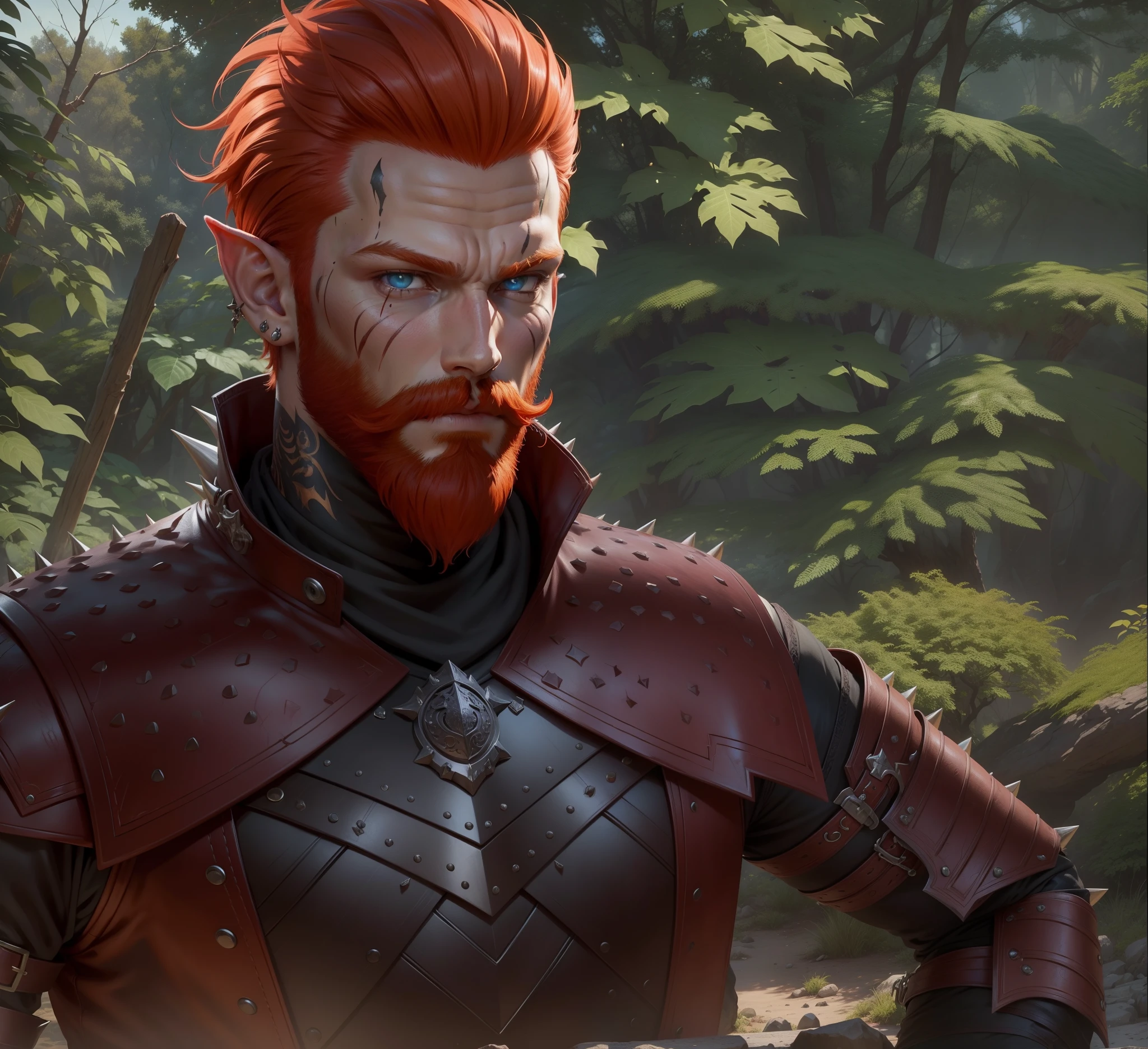 There is a man with a beard and a red beard, fiery red hair, reddish beard, red beard, character close up, character close up, New character, ultra detailed content, Leather scaly armor, fantasy character art, dnd, s face,black tattoo on the neck, His face is a little covered in blood. rpg portrait, close up character, Portrait of a male half-elf, Male character, spiky orange hair, full beard, intensely detailed, (One eye is lilac), The other eye is yellow with black white, gloweyes, ear piercings, ssmile, sadist, hands at side