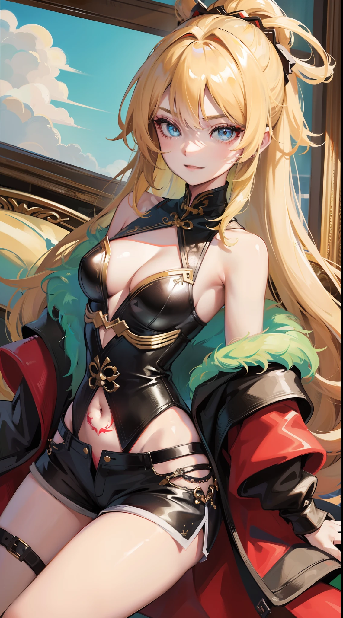 young girl, long blonde hair, Cyan eyes, Tatoo, smirk, Red Chinese Top, Sleeveless, neckline on the chest, open breasts, Gold Elements, Shorts, tmasterpiece, hiquality