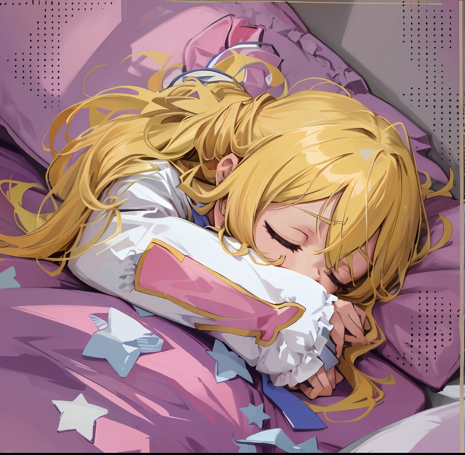 A cartoon girl sleeps in bed，There were pillows and pillows, Sleepy expression, Sleepy